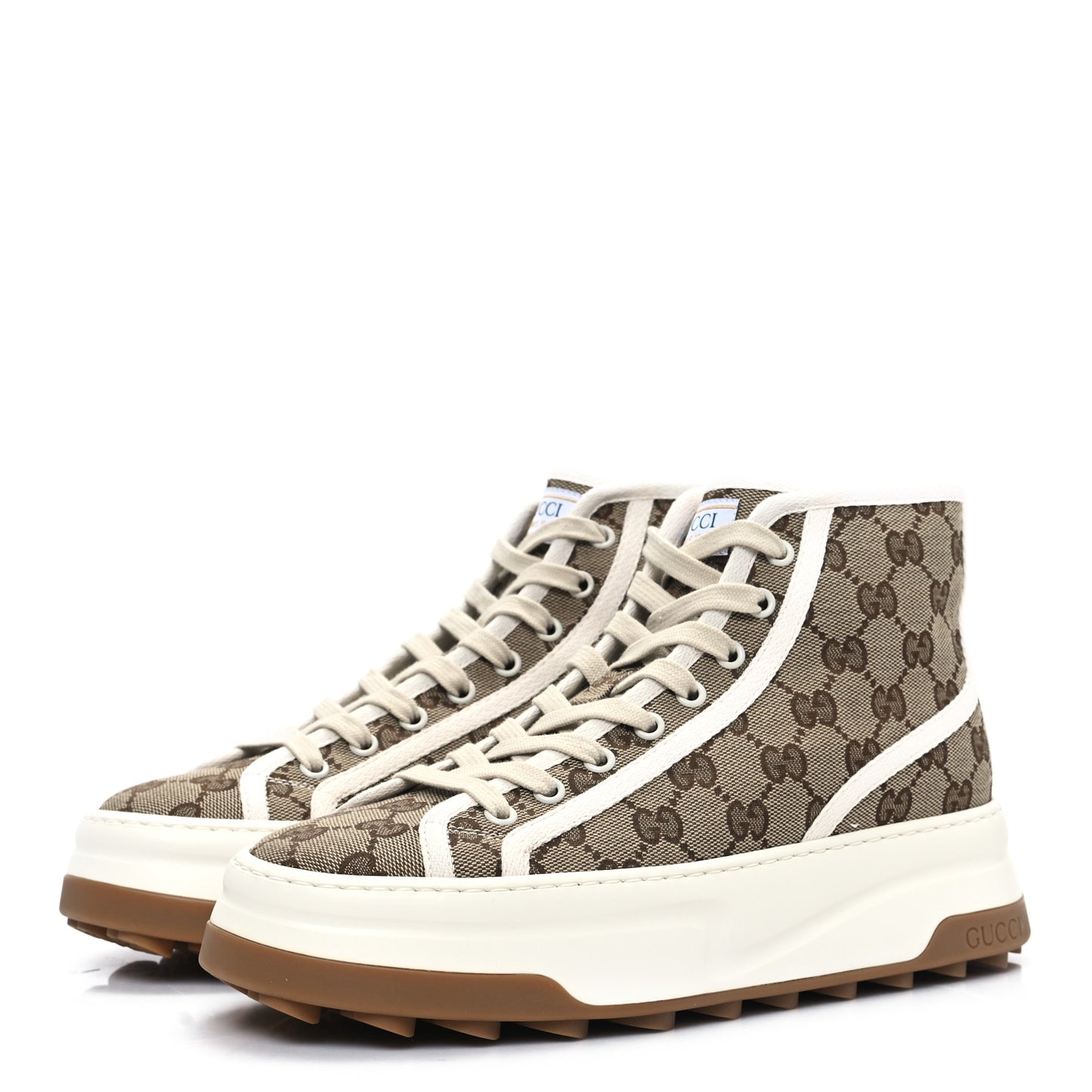 New Canvas GG Monogram Womens Tennis 1977 High Top 55mm Platform Sneakers 38.5 Beige Ebony Mystic White