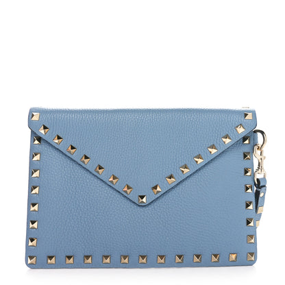 Valentino Garavani Pebbled Calfskin Medium Rockstud Envelope Flat Wristlet Pouch Atlantique 1 of 8