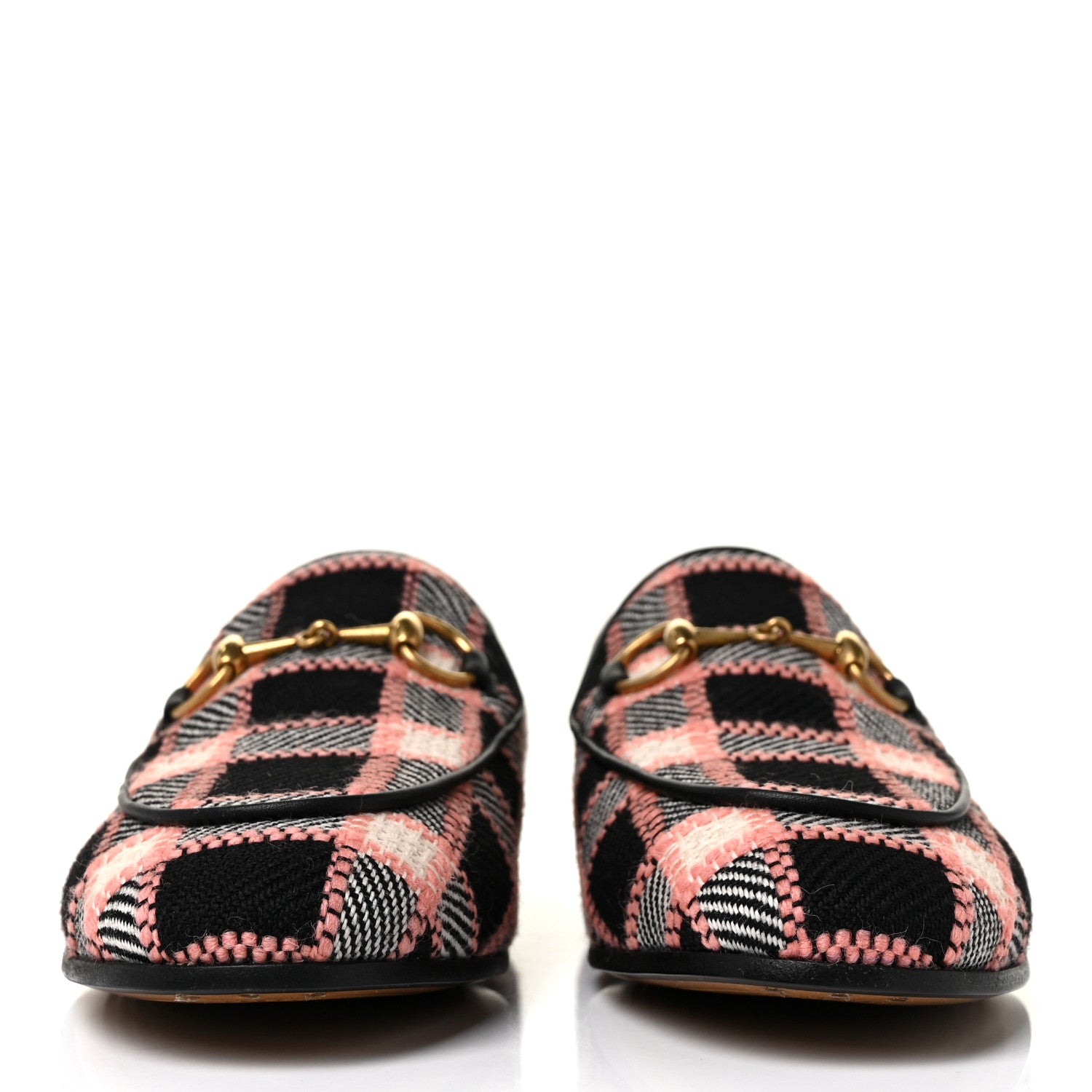 Gucci Tweed Check Horsebit Womens Jordaan Loafers 35 Black Pink Multicolor 2 of 9