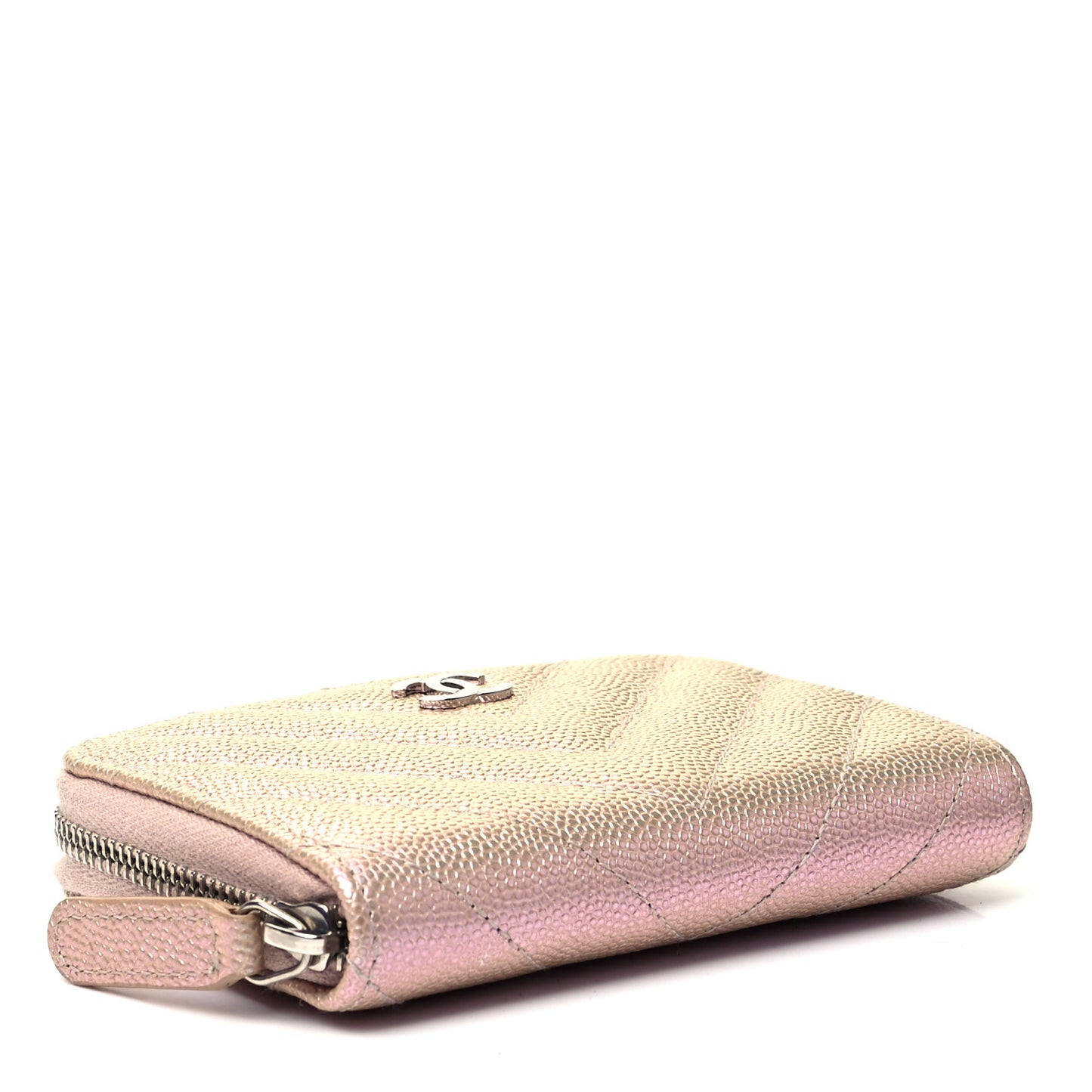 Metallic Caviar Chevron Quilted Zip Around Coin Purse Light Gold