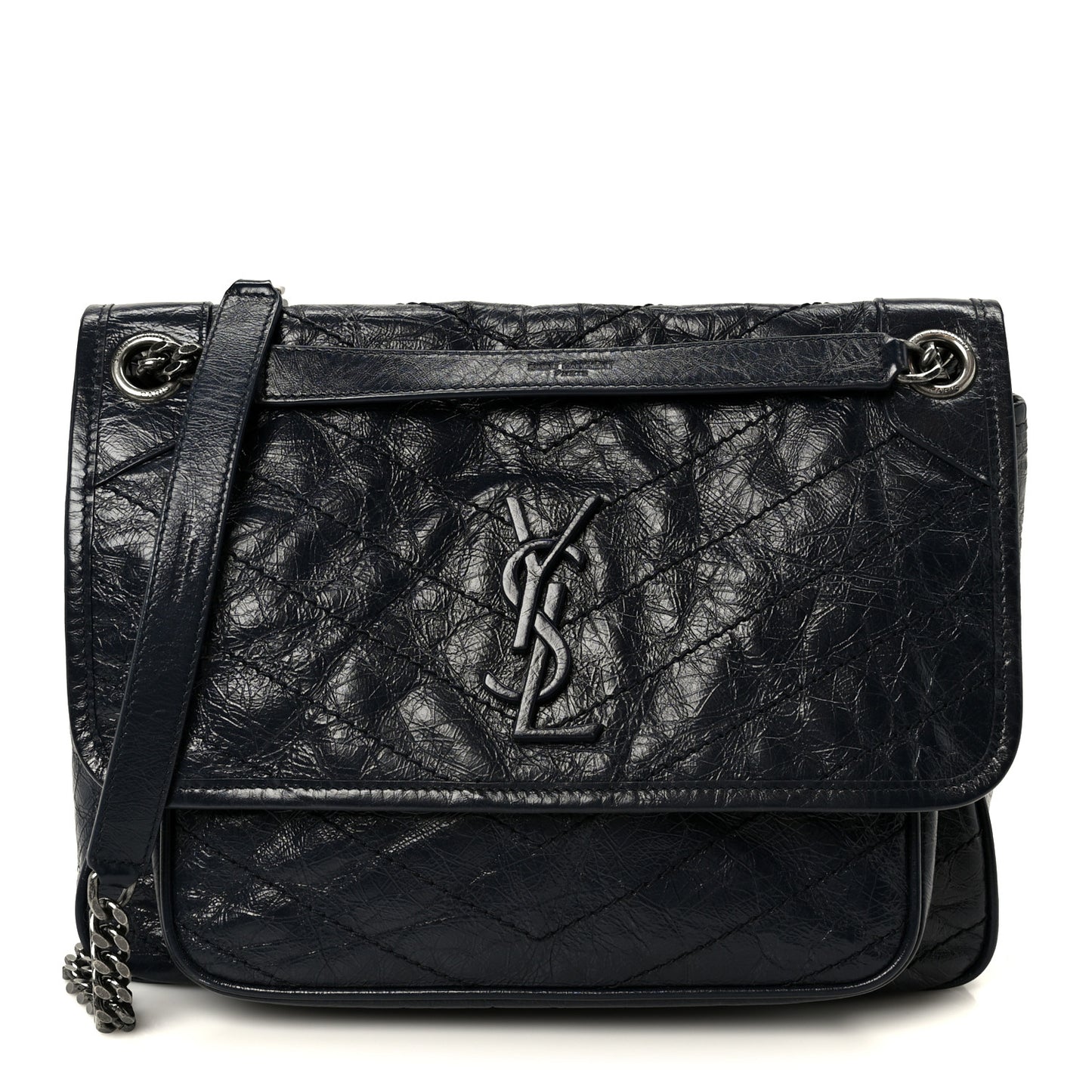 Crinkled Calfskin Matelasse Monogram Medium Niki Chain Satchel Deep Marine