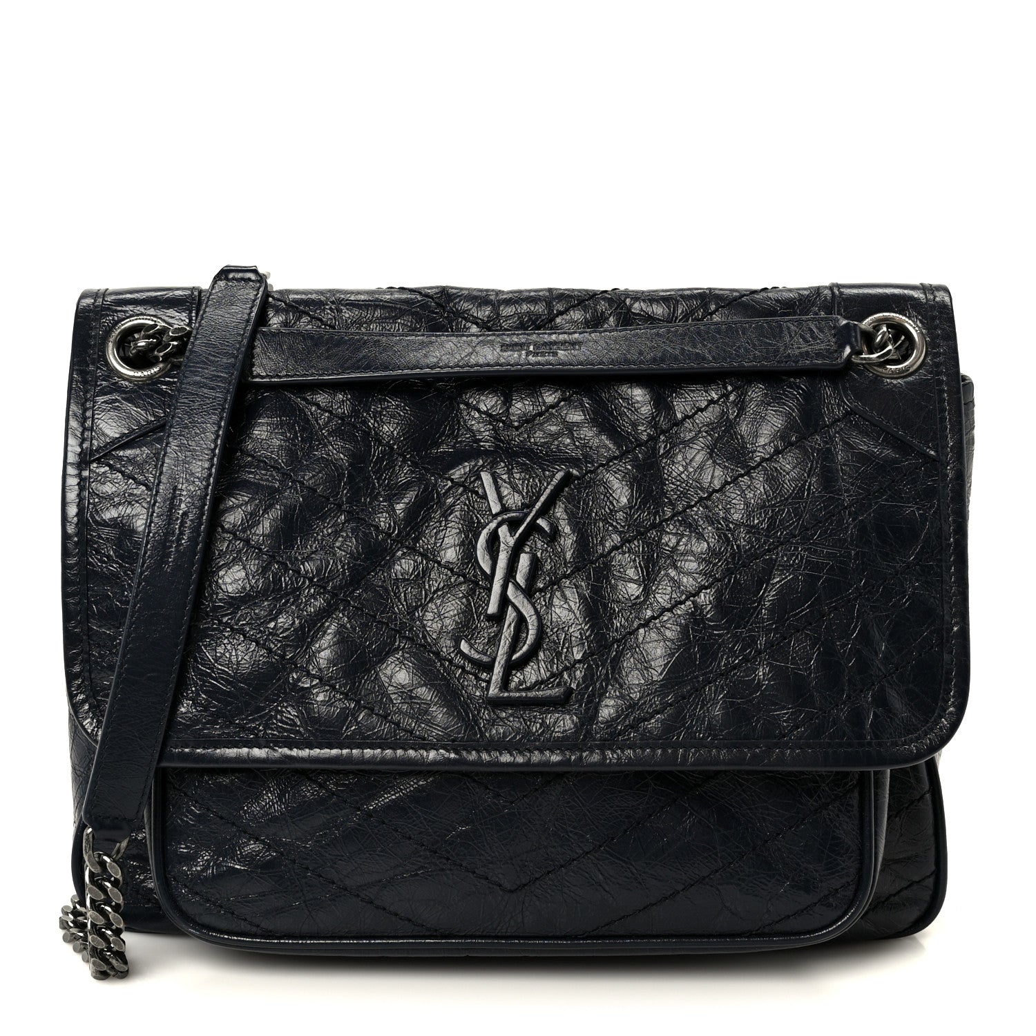 Saint Laurent Crinkled Calfskin Matelasse Monogram Medium Niki Chain Satchel Deep Marine 1 of 10