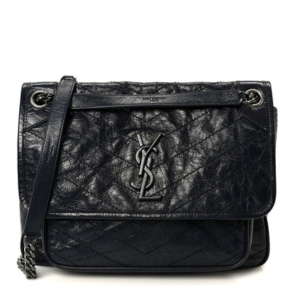 Saint Laurent Crinkled Calfskin Matelasse Monogram Medium Niki Chain Satchel Deep Marine 1 of 10