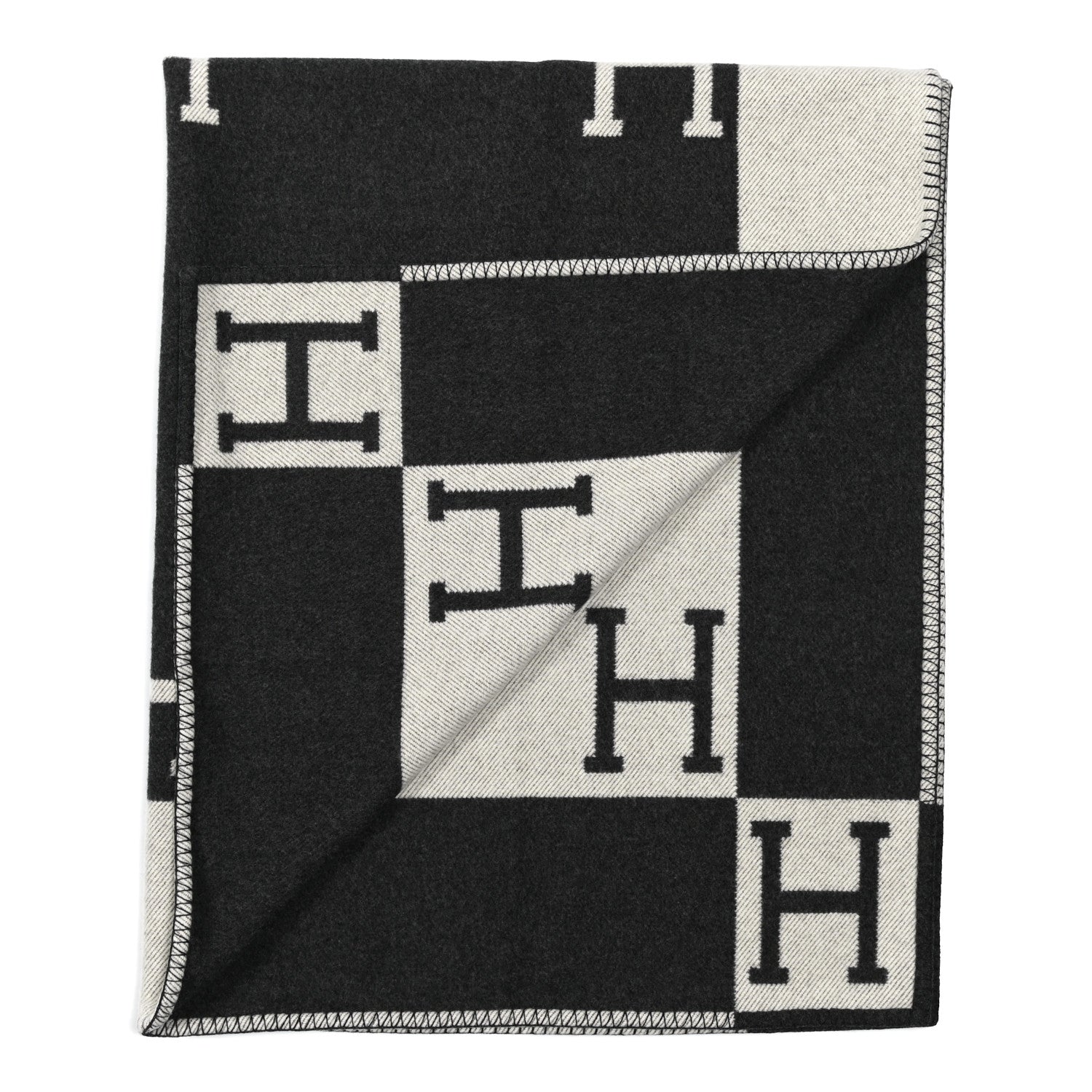 Hermes Wool Cashmere Avalon Signature Blanket Ecru Gris Fonce 2 of 3