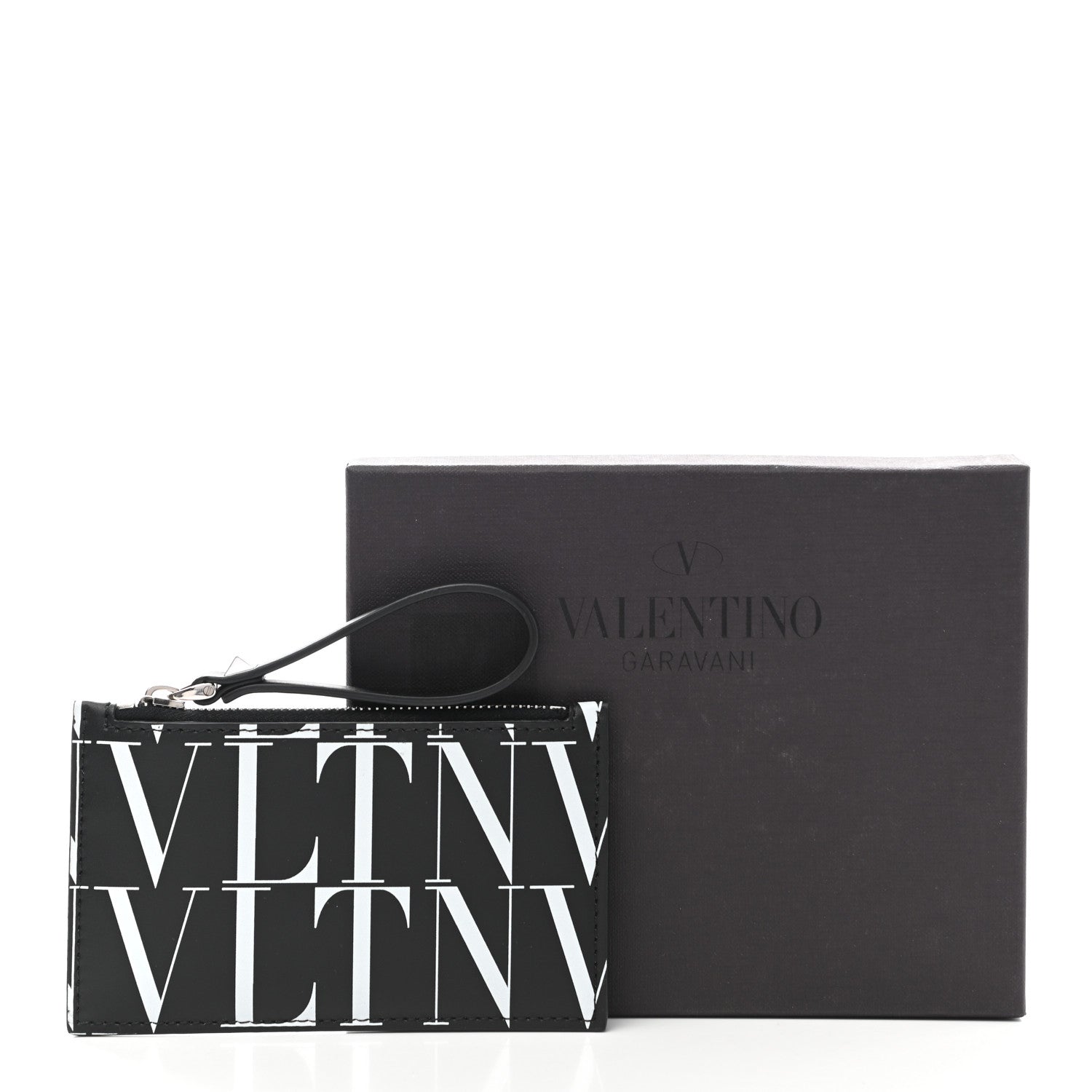 Valentino Garavani Calfskin VLTN Time Zip Coin Card Case Black White 7 of 7