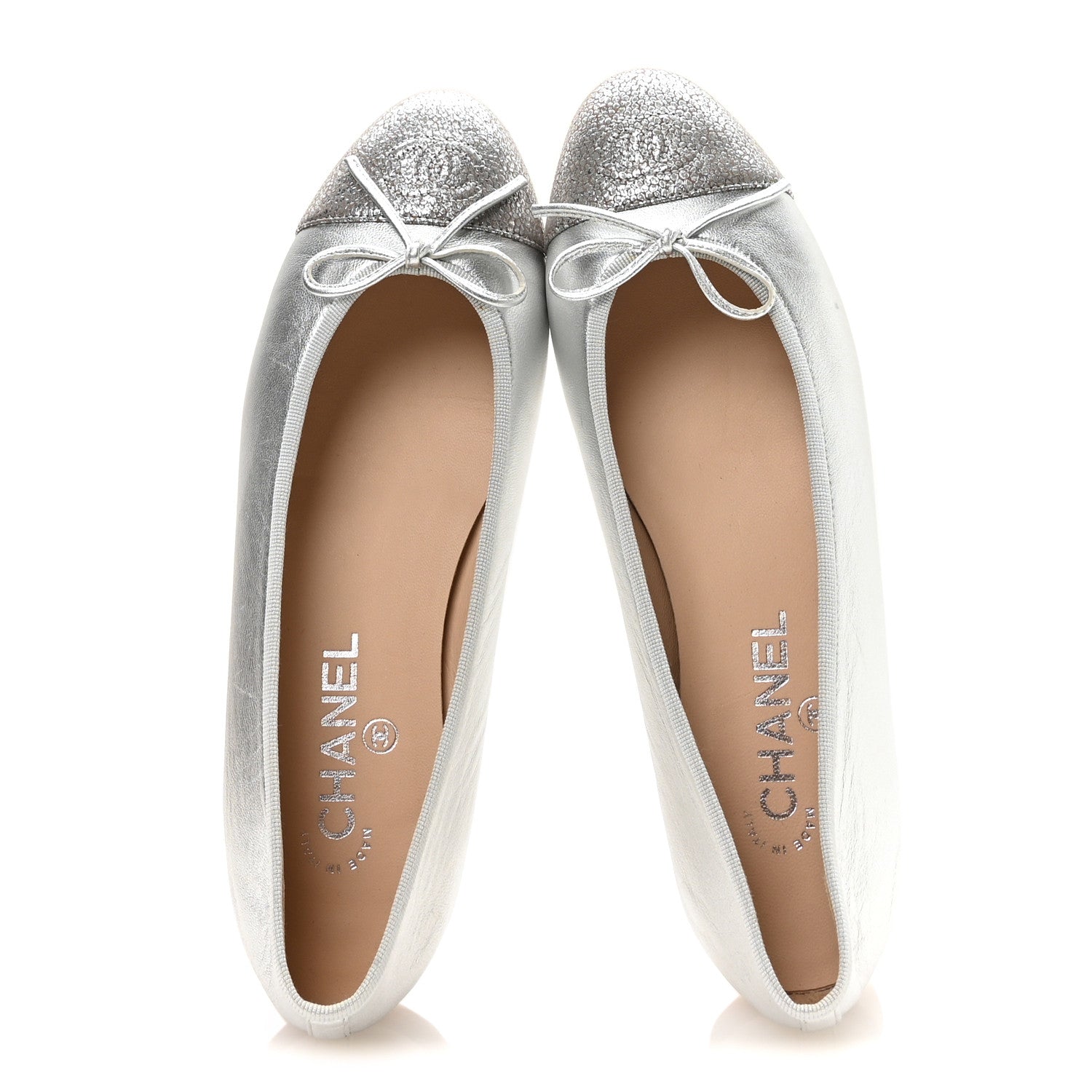 Chanel Metallic Crackled Lambskin CC Cap Toe Ballerina Flats 39 Silver 2 of 8