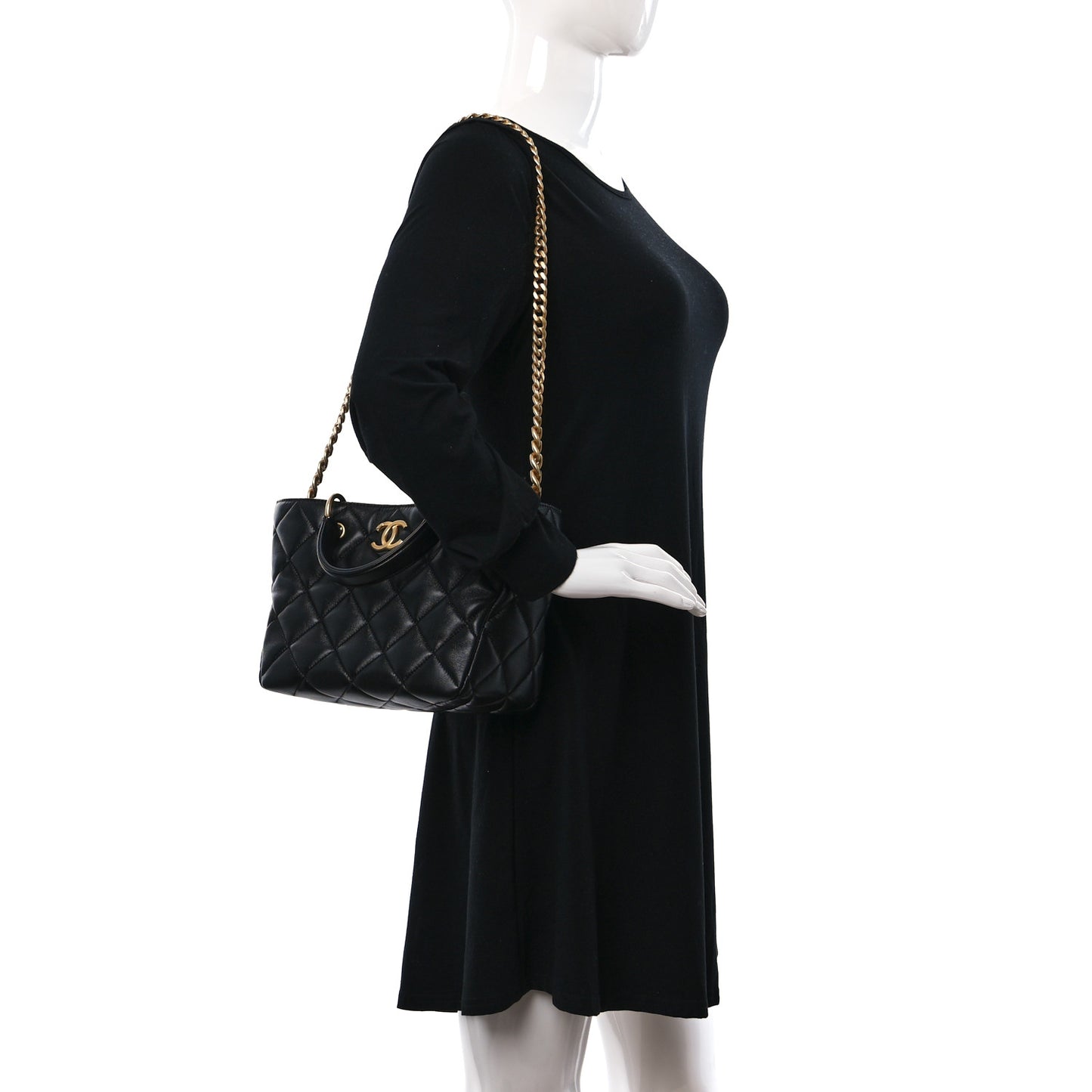 Lambskin Quilted Small Top Handle Shopping Bag Black