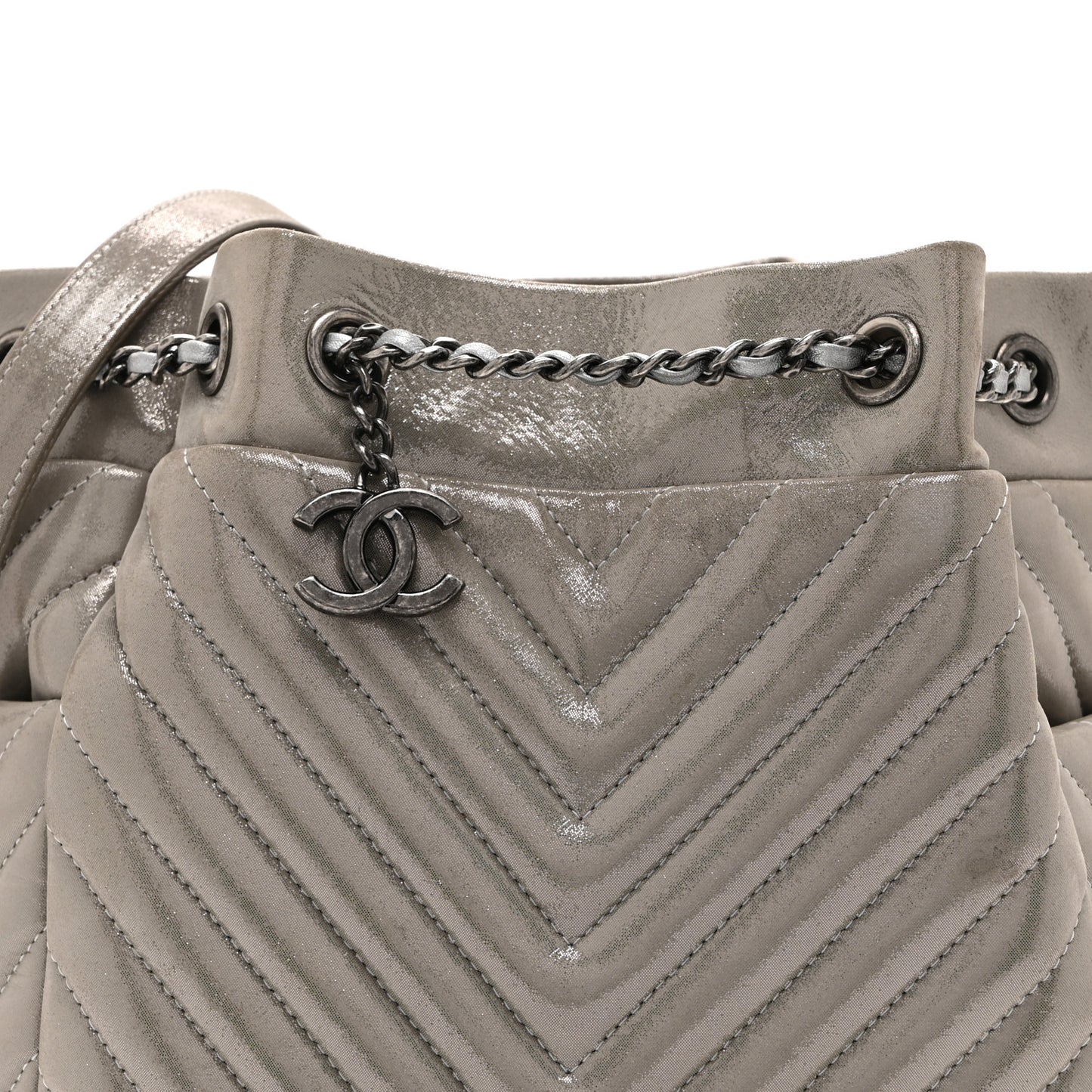 Iridescent Calfskin Chevron Small Urban Spirit Drawstring Bag Silver