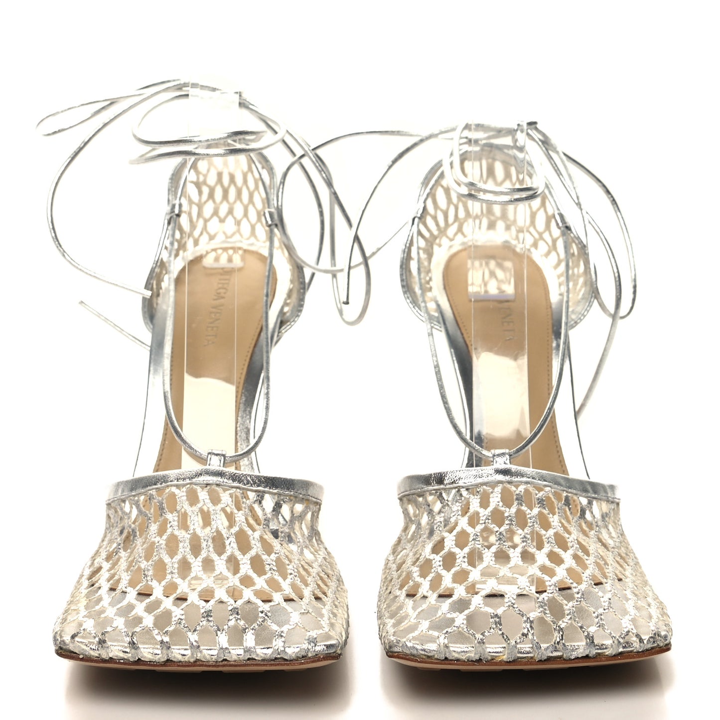 Mesh Metallic Nappa Stretch Ankle Tie Sandals 41 Silver