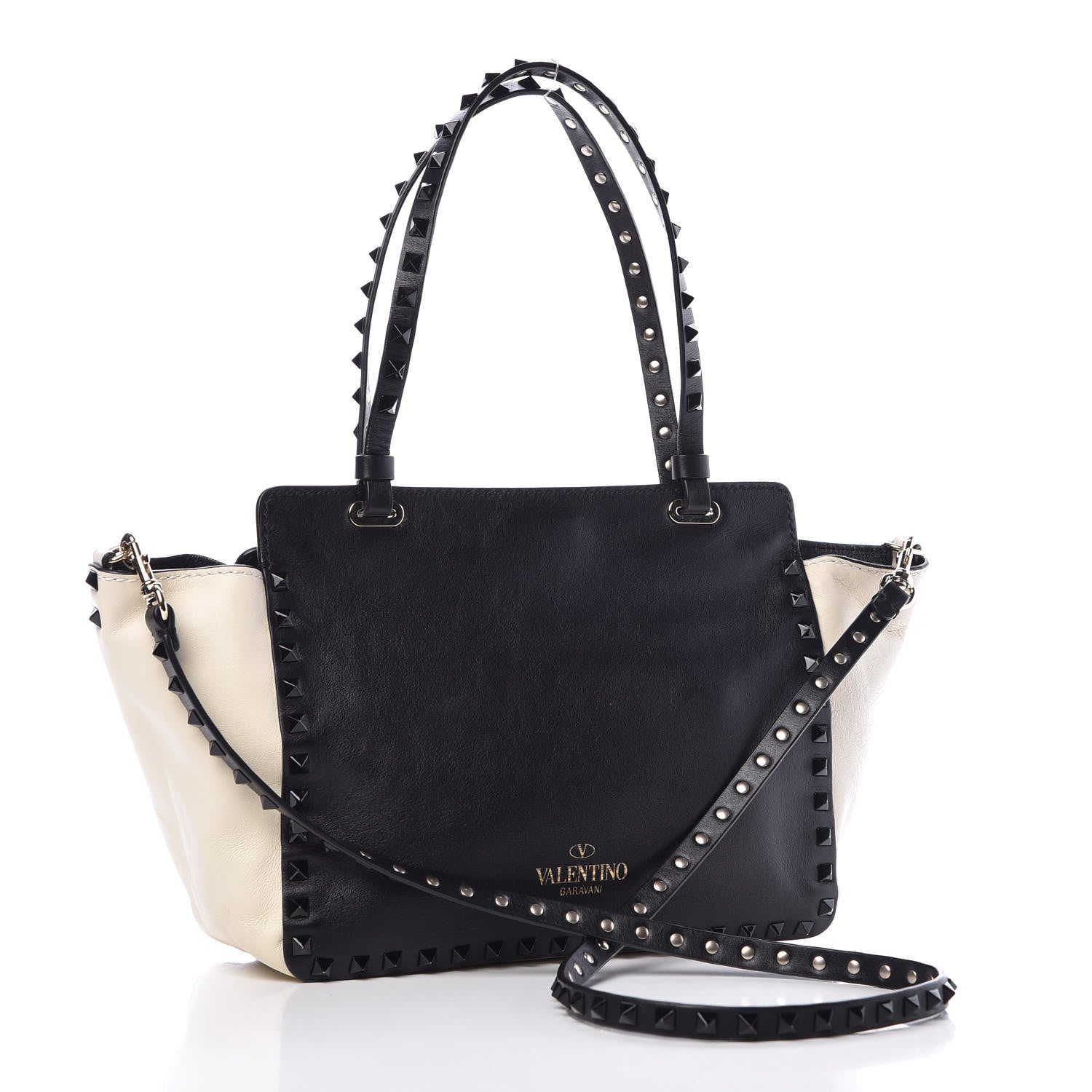 Valentino Garavani Vitello Monochrome Small Rockstud Tote Black Light Ivory 3 of 14