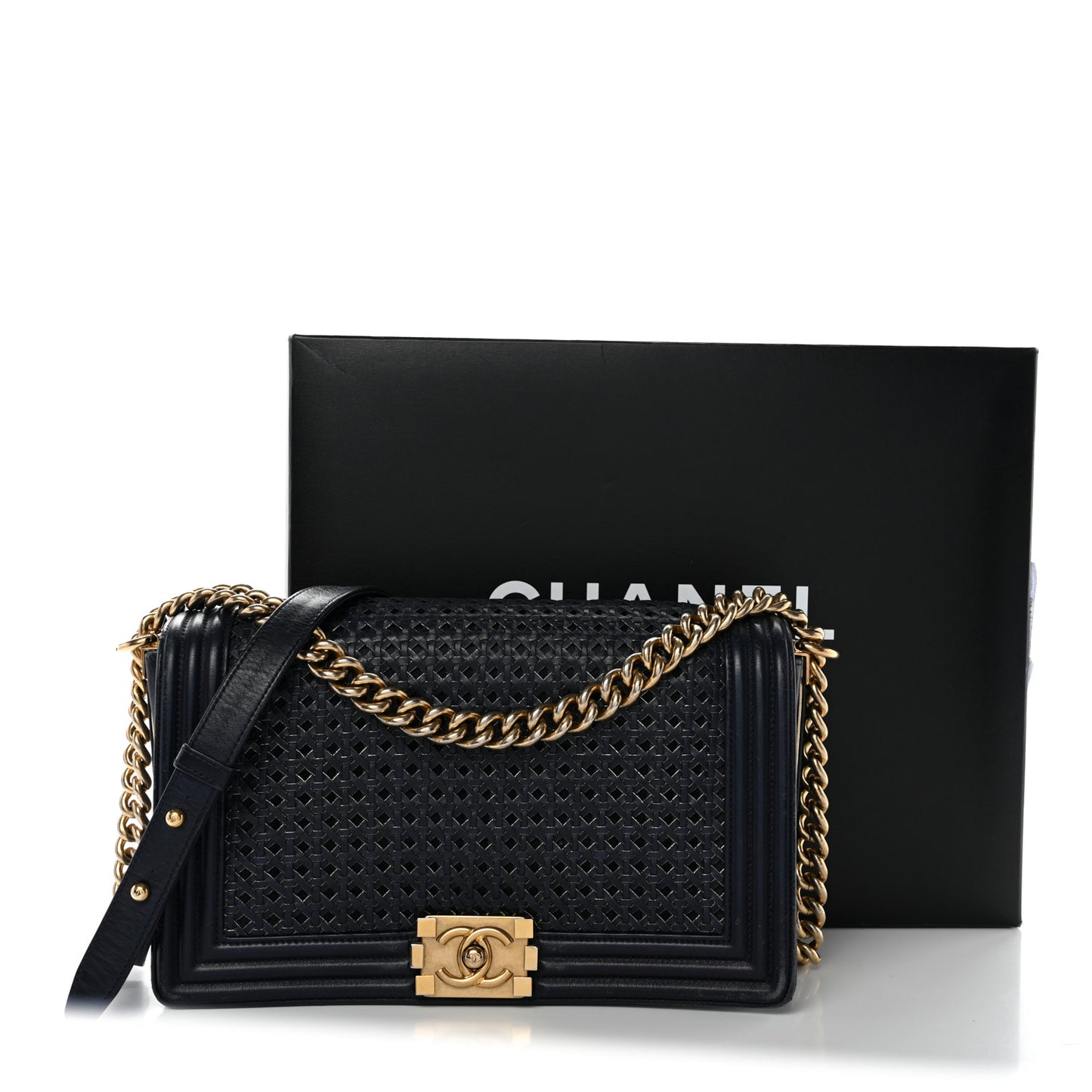 Lambskin Braided Woven Medium Boy Flap Navy Black