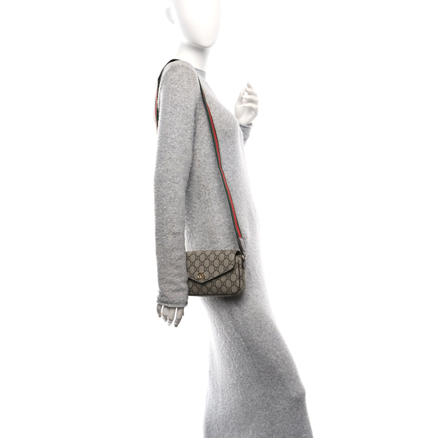 GG Supreme Monogram Textured Dollar Calfskin Web Mini Ophidia Envelope Shoulder Bag Beige Ebony New Acero
