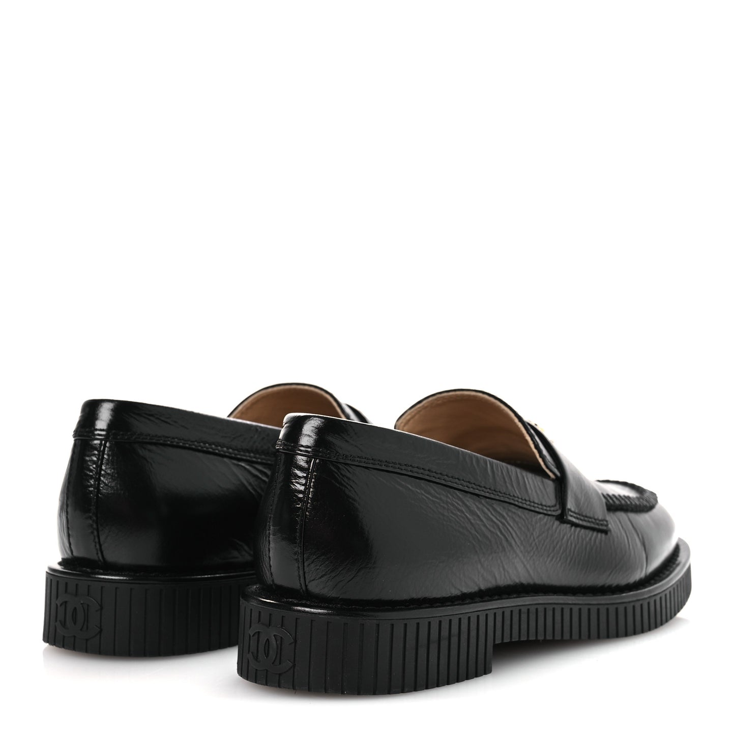 Shiny Crumpled Calfskin CC Mocassin Loafers 38.5 Black