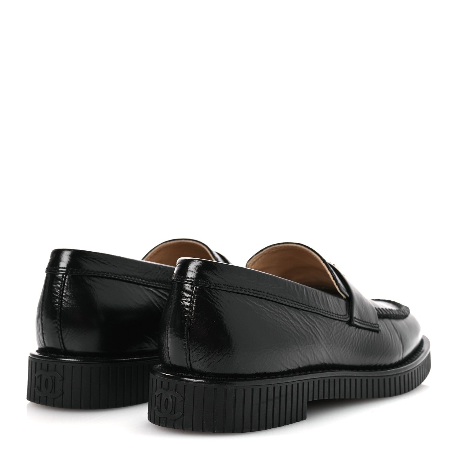 Chanel Shiny Crumpled Calfskin CC Mocassin Loafers 38.5 Black 5 of 12