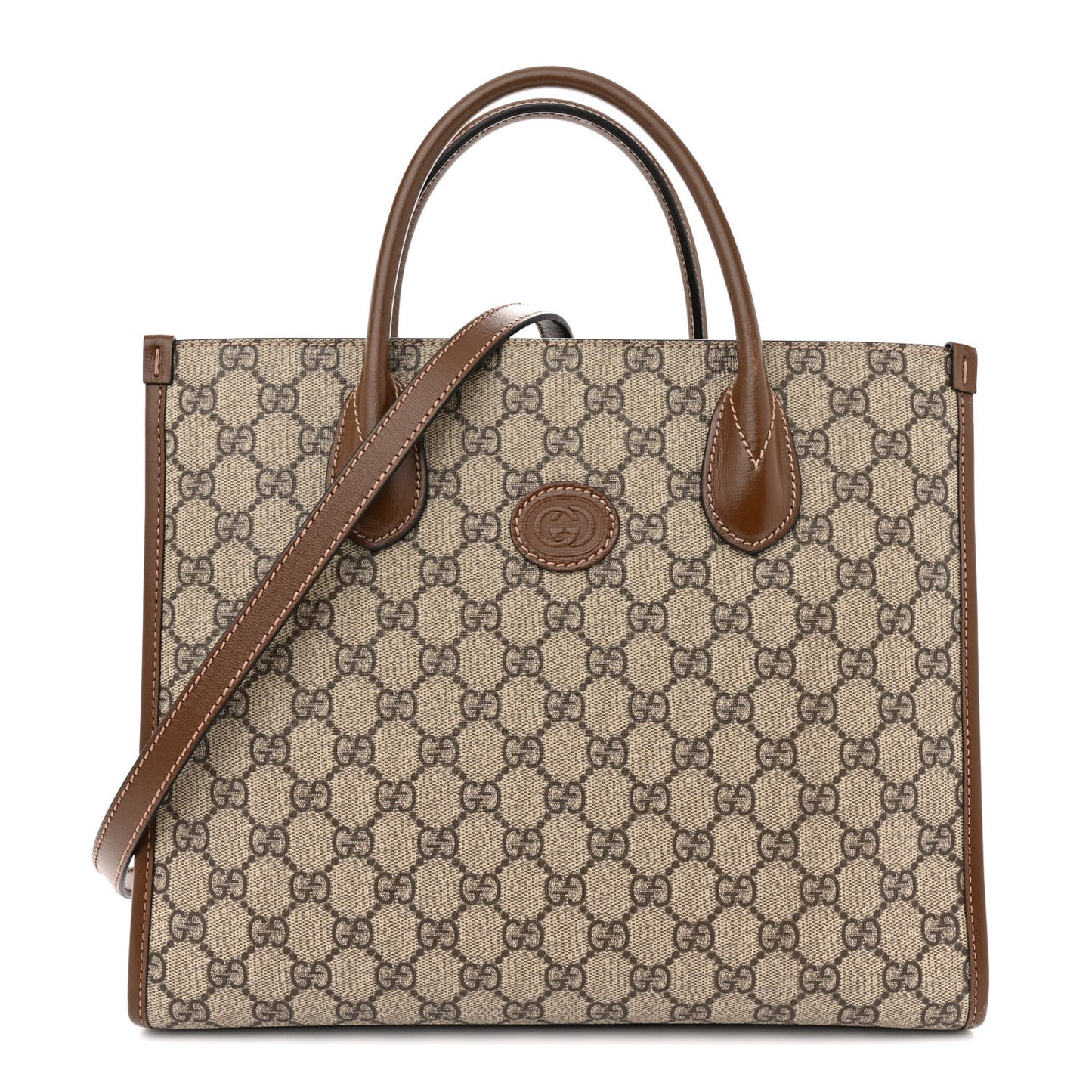 GG Supreme Monogram Azalea Calfskin Small Retro Interlocking G Tote Bag Beige Ebony Brown Sugar