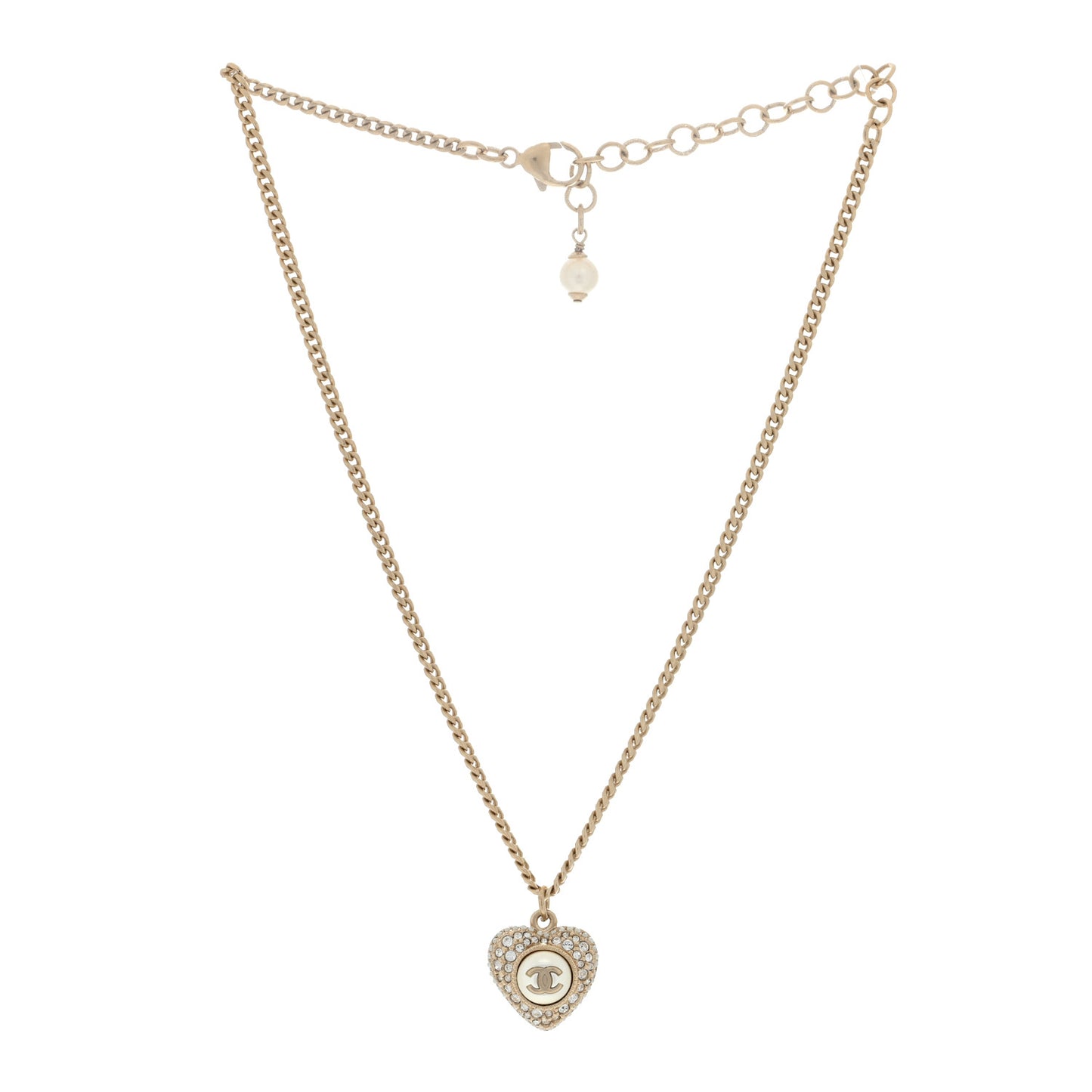 Crystal Pearl CC Heart Necklace Gold
