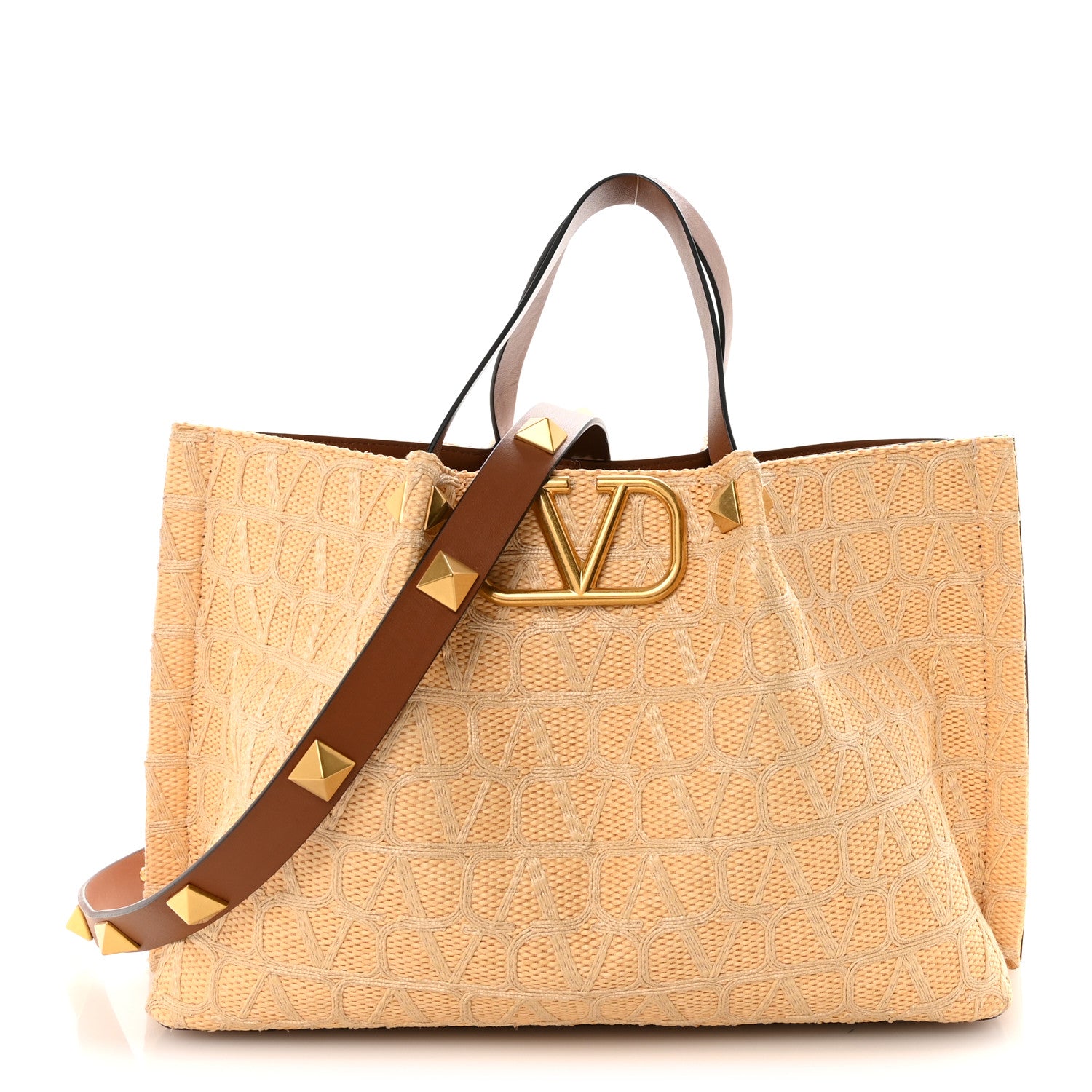 Valentino Garavani Raffia Calfskin Medium Rockstud Vlogo Tote Naturale 1 of 10