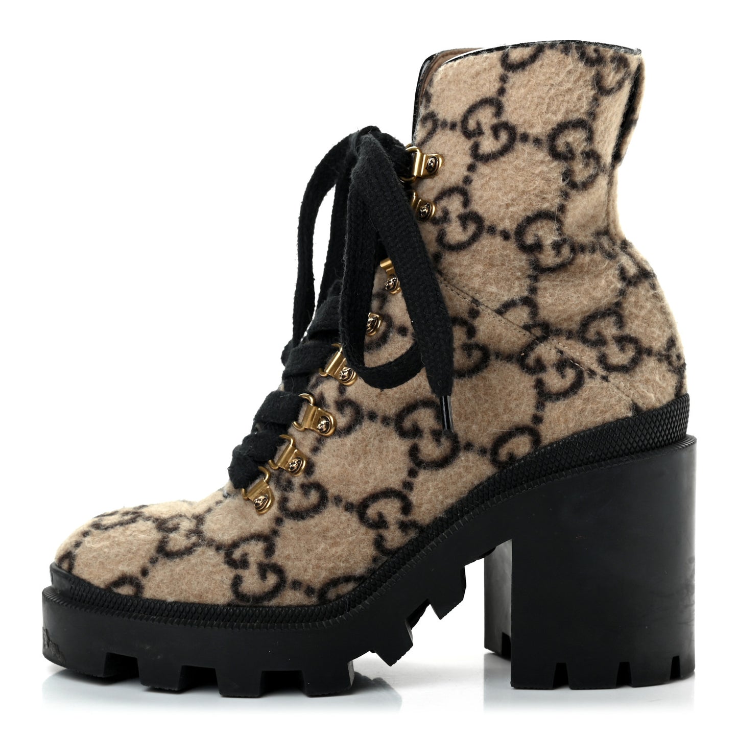 Covered Wool GG Monogram Womens Lace Up Combat Ankle Boots 37.5 Beige Ebony Black