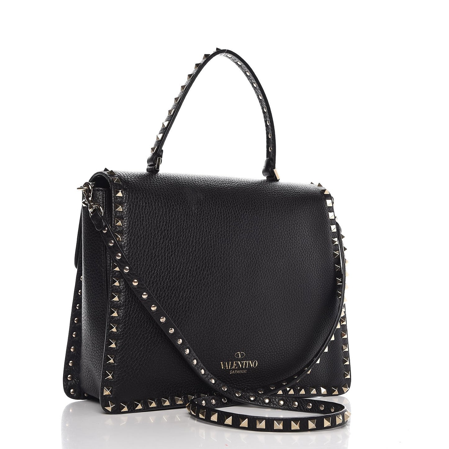 Grained Calfskin Rockstud Top Handle Flap Shoulder Bag Black