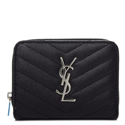 Saint Laurent Grain De Poudre Matelasse Chevron Monogram Compact Zip Around Wallet Black 1 of 9