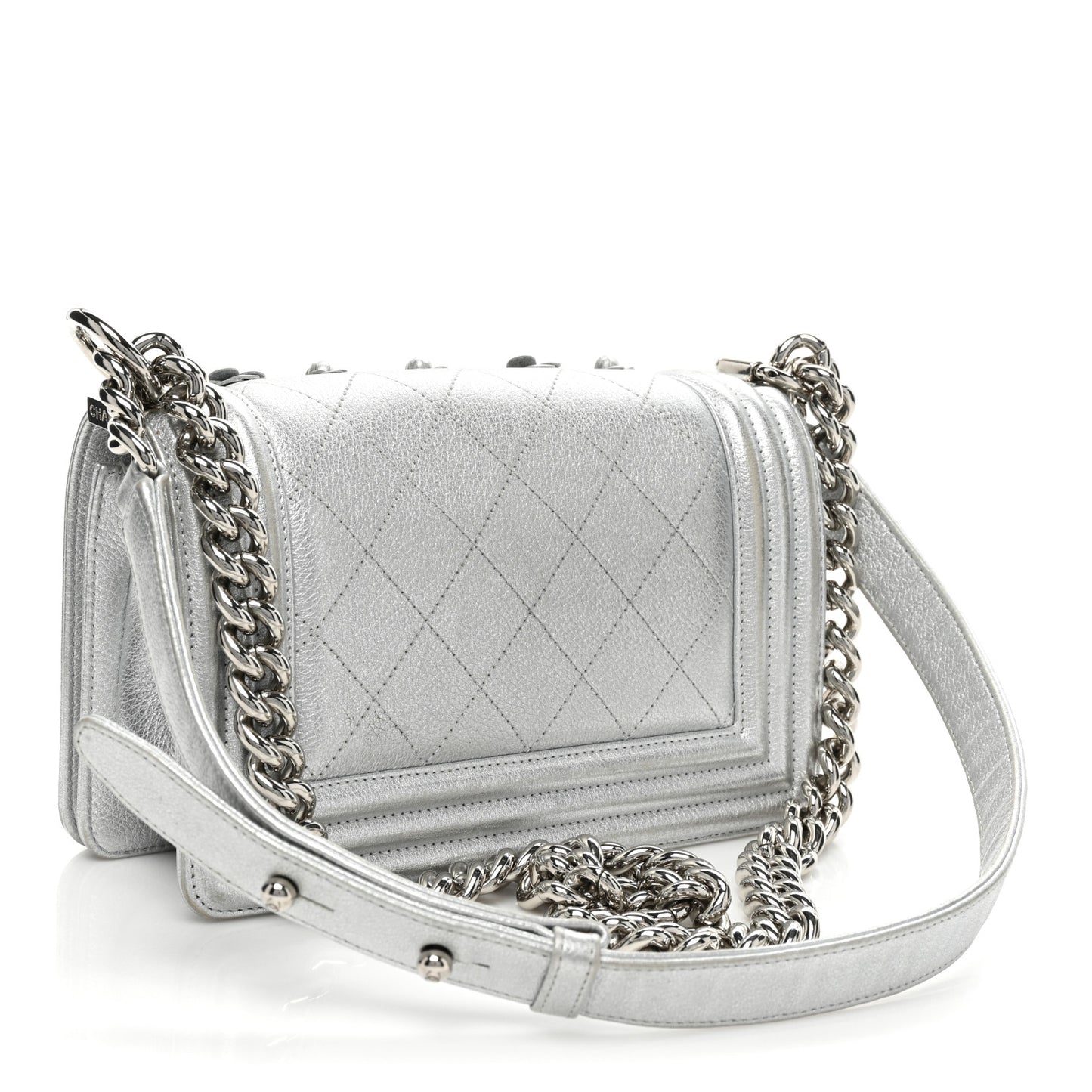 Metallic Calfskin Camellia Quilted Small Boy Flap Silver