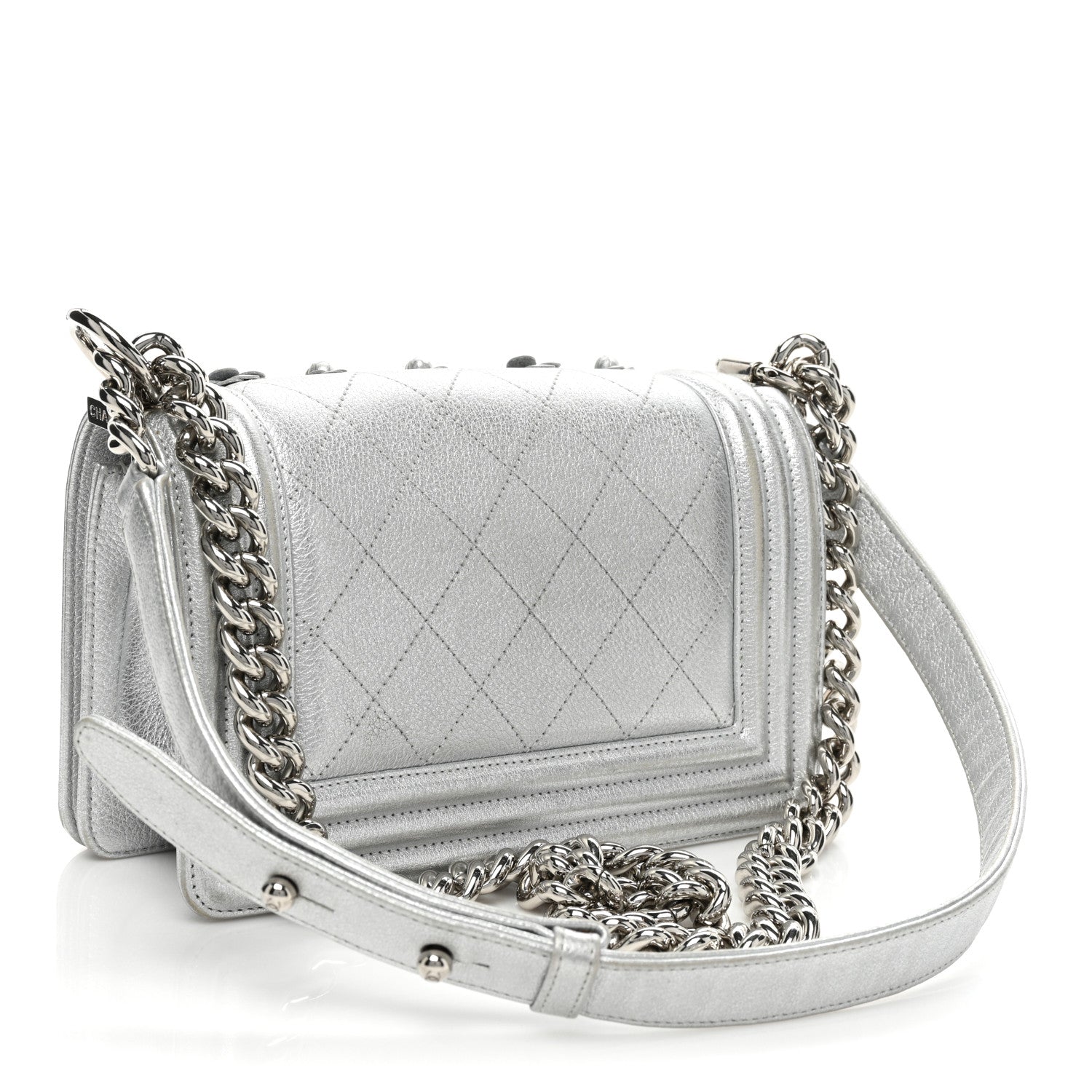 Chanel Metallic Calfskin Camellia Quilted Small Boy Flap Silver 3 of 18