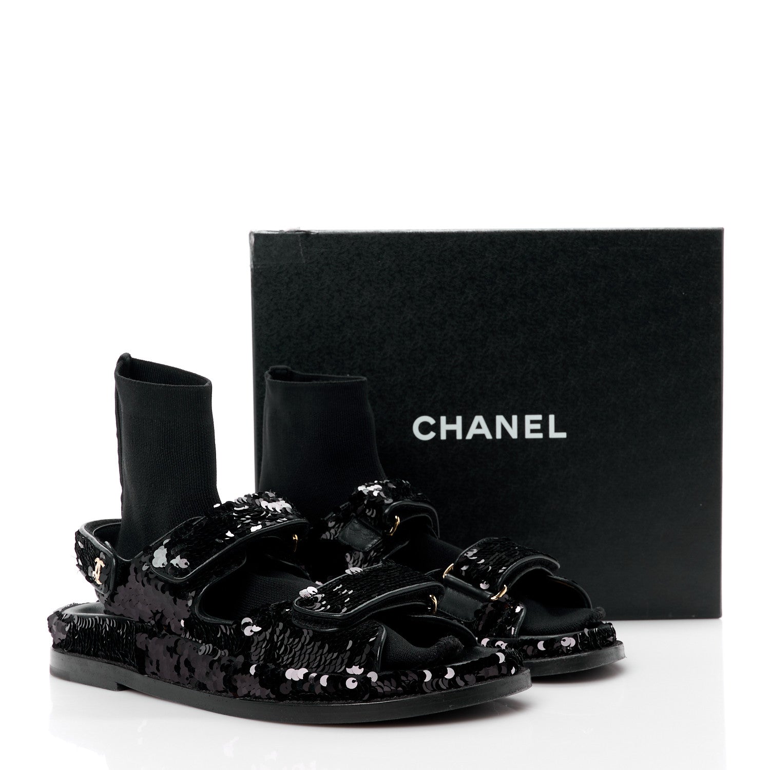 Chanel Sequin Knit Velcro Dad Sandals 38 Black 12 of 12