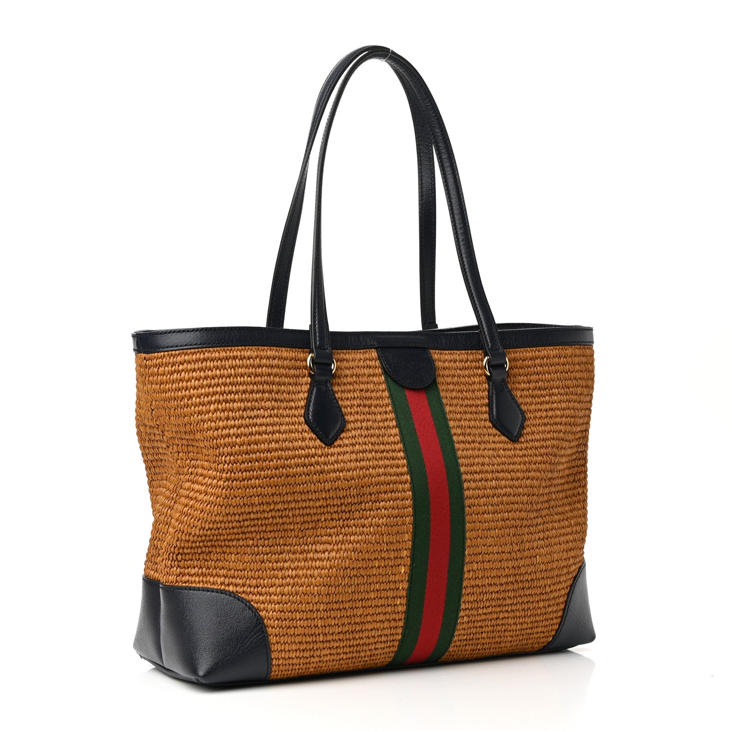Gucci Straw Lux Calfskin Web Medium Ophidia Shopping Tote Dark Natural Blue 3 of 10