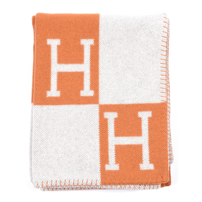 Hermes Wool Cashmere Signature Classic Avalon Blanket Ecru Potiron 1 of 3