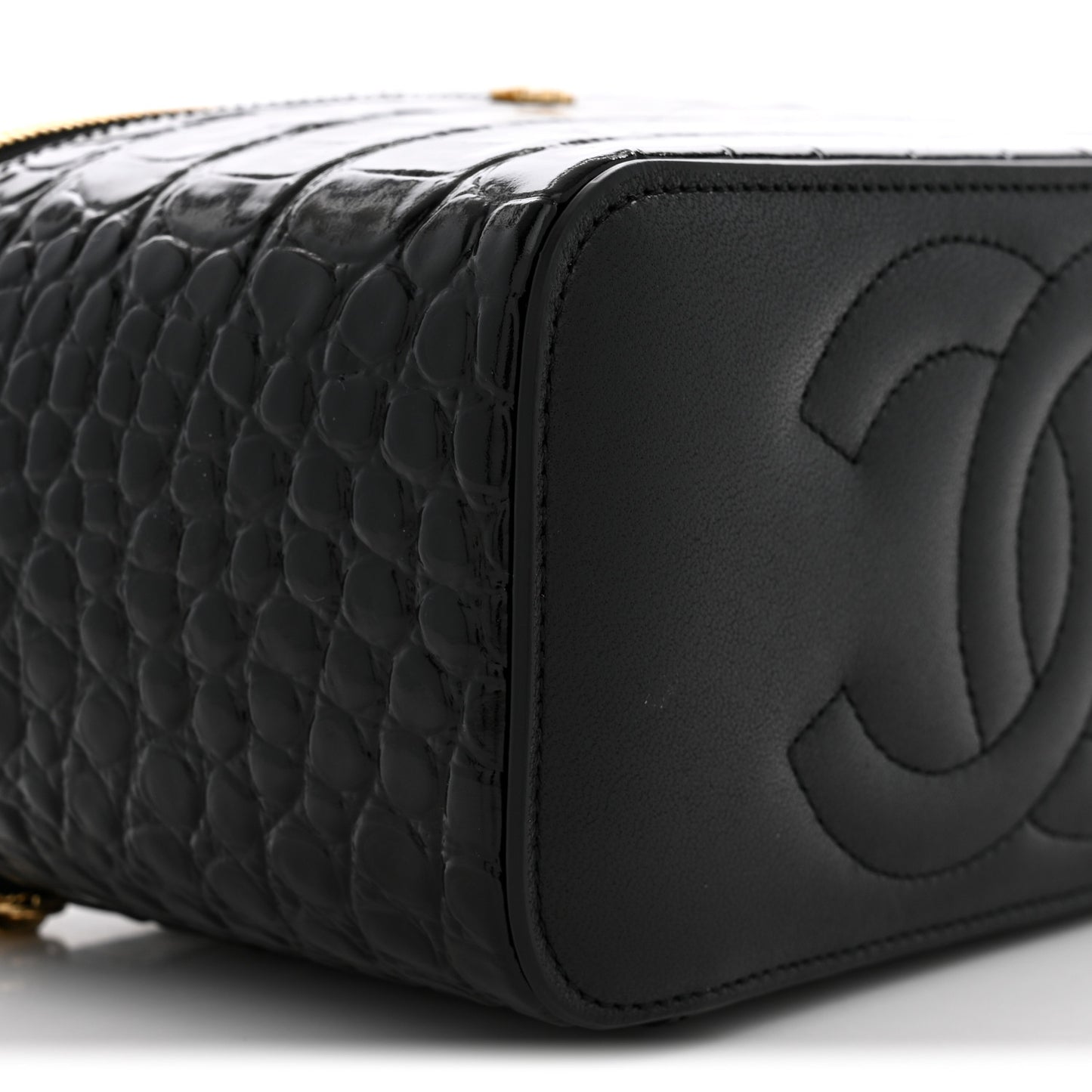 Calfskin Crocodile Embossed Crococo Small Top Handle Vanity Case With Chain Black