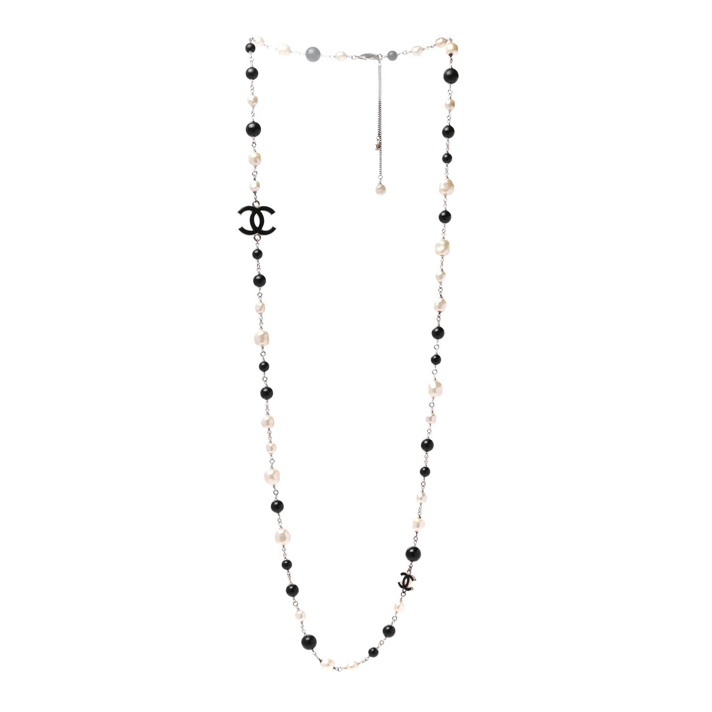 Pearl Beaded CC Long Necklace Silver Black