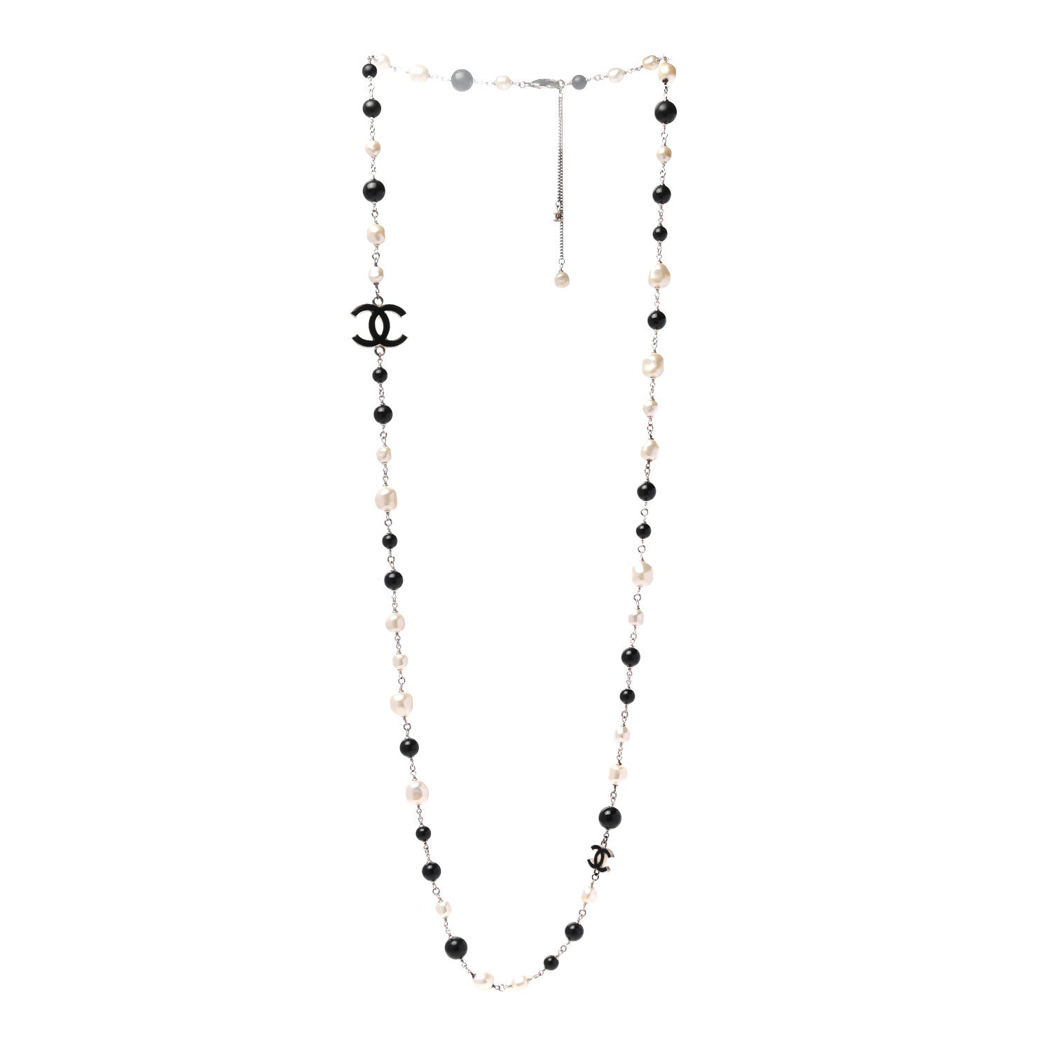 Chanel Pearl Beaded CC Long Necklace Silver Black 3 of 5