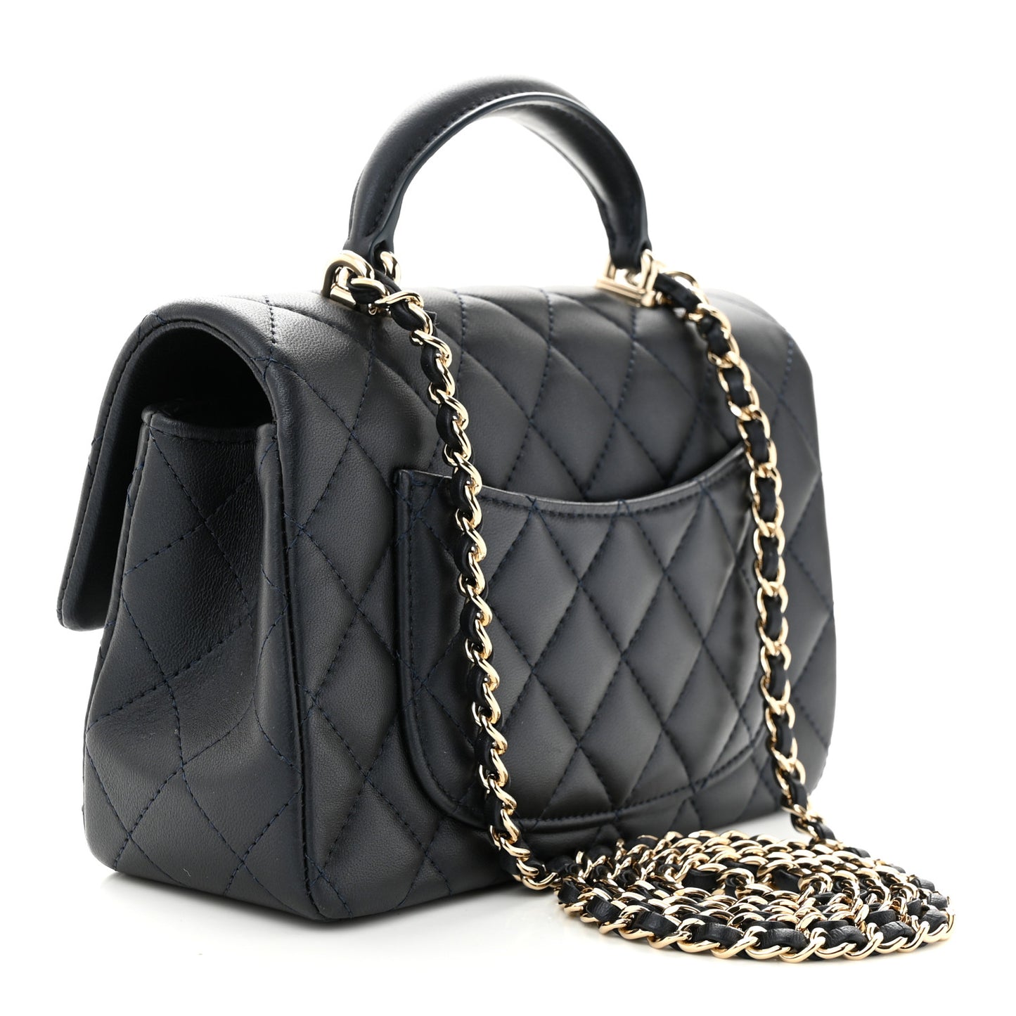 Lambskin Quilted Mini Top Handle Rectangular Flap Navy Blue