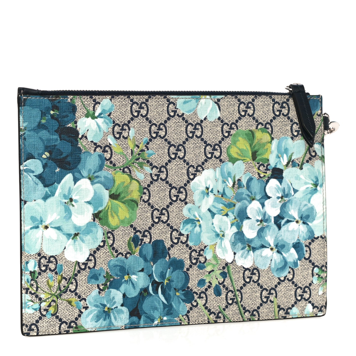 GG Supreme Monogram Blooms Small Zip Wristlet Pouch Beige Blue Black