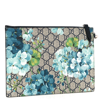 Gucci GG Supreme Monogram Blooms Small Zip Wristlet Pouch Beige Blue Black 3 of 9