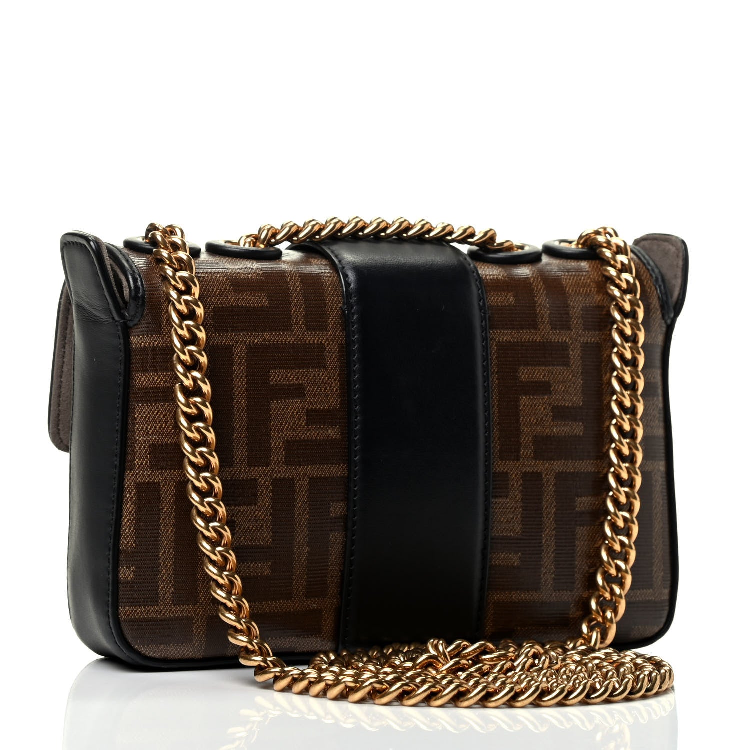 Fendi Glazed Fabric Vitello Century FF 1974 Stamp Patch Mini Double F Crossbody Bag Mogano Panna Black 2 of 4