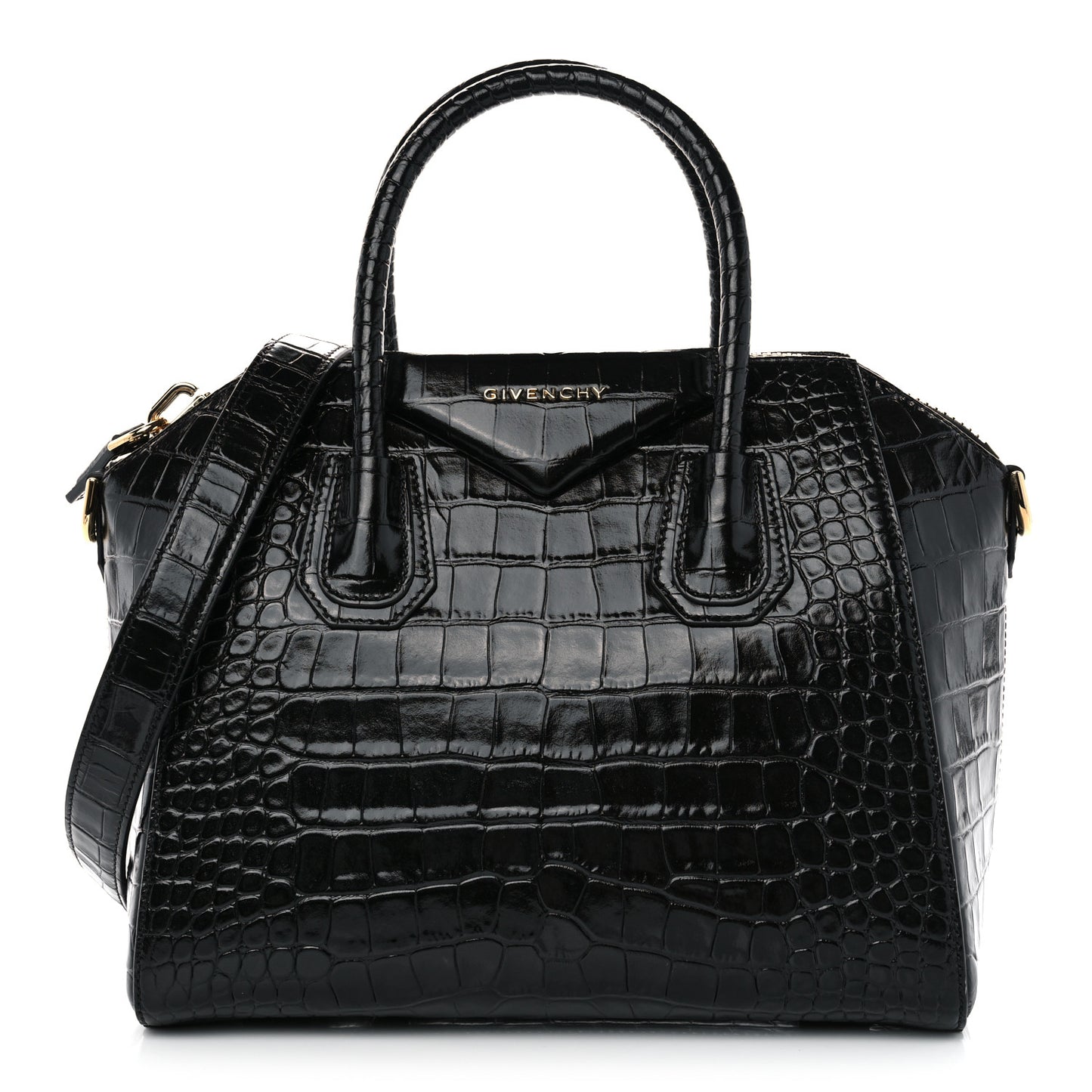 Calfskin Crocodile Embossed Small Antigona Black