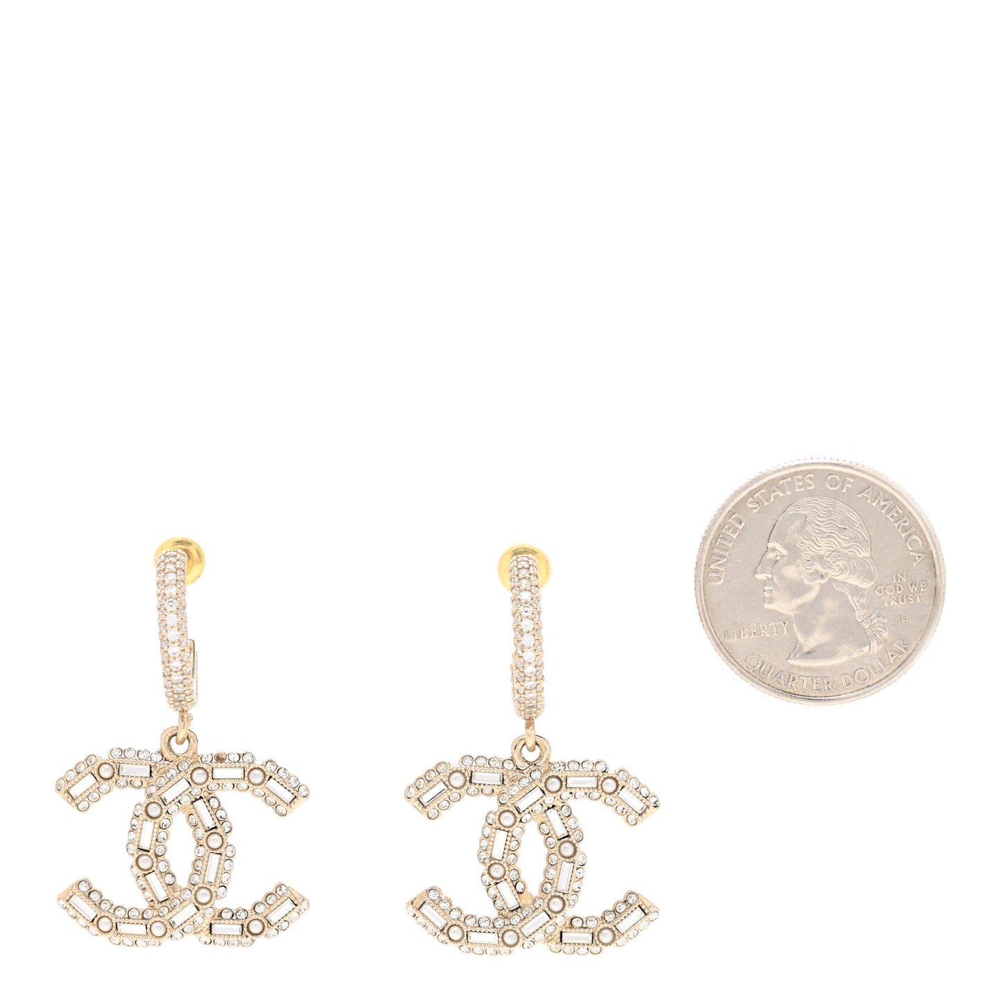 Crystal Baguette Pearl CC Drop Hoop Earrings Gold Pearly White