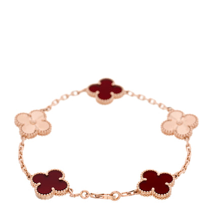 Van Cleef & Arpels 18K Rose Gold Carnelian 5 Motifs Guilloche Vintage Alhambra Bracelet 2 of 5