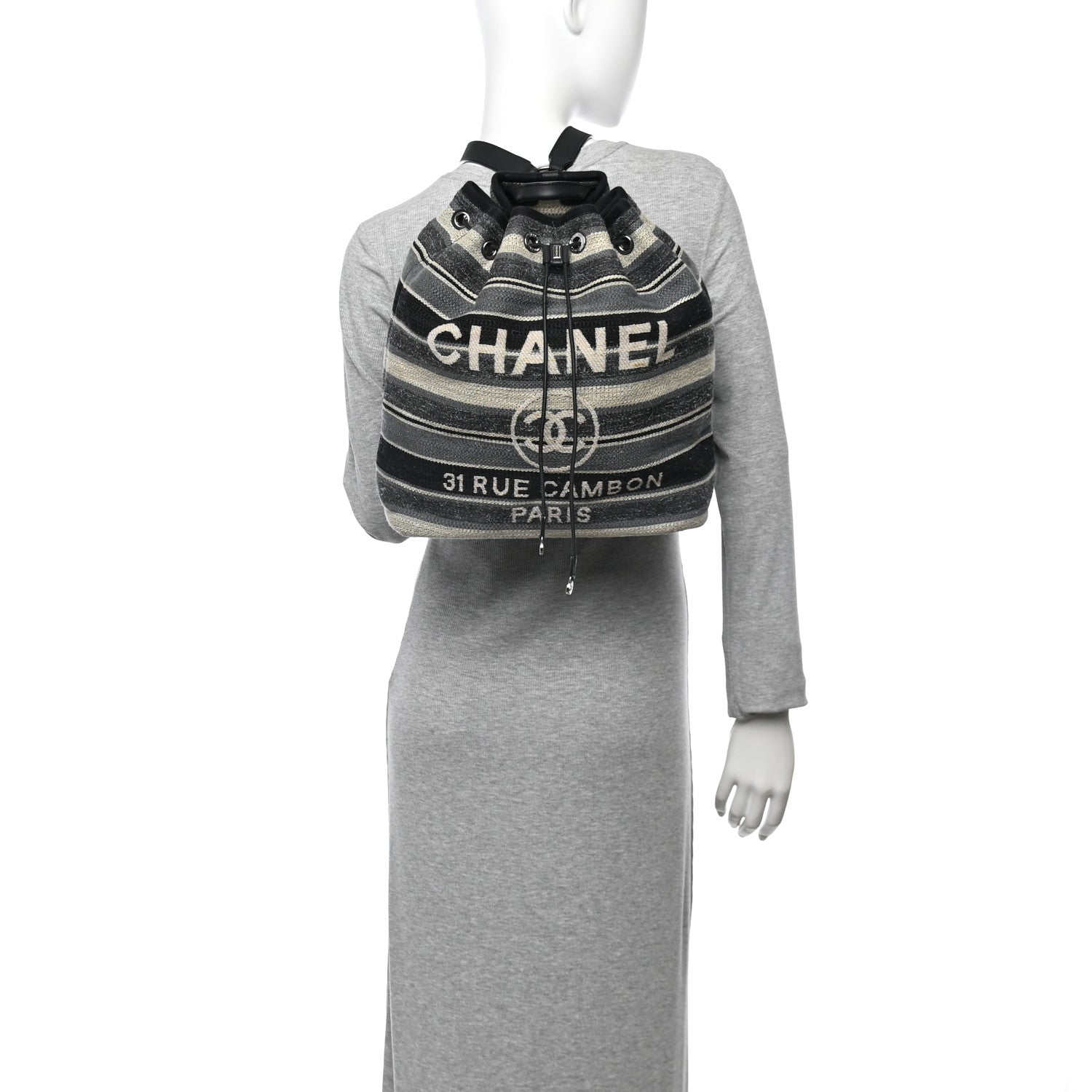 Chanel Striped Canvas Large Deauville Backpack Gray Black 2 of 10