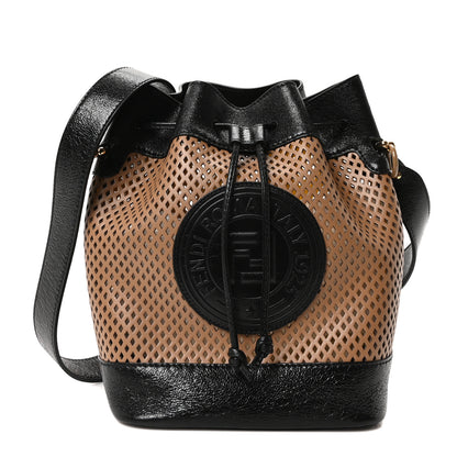 Fendi Vitello Liberty Glossy Lambskin F is Fendi Perforated Small Mon Tresor Bucket Bag Sand Mimosa Black 1 of 10