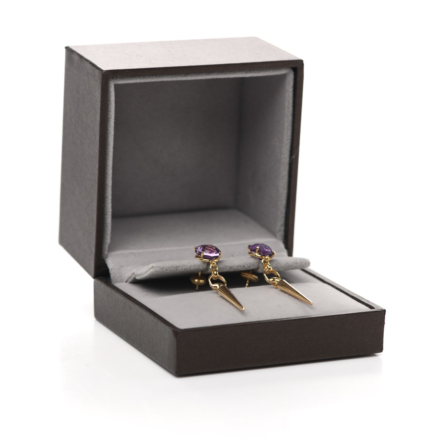 18K Yellow Gold Amethyst Horsebit Spike Drop Earrings