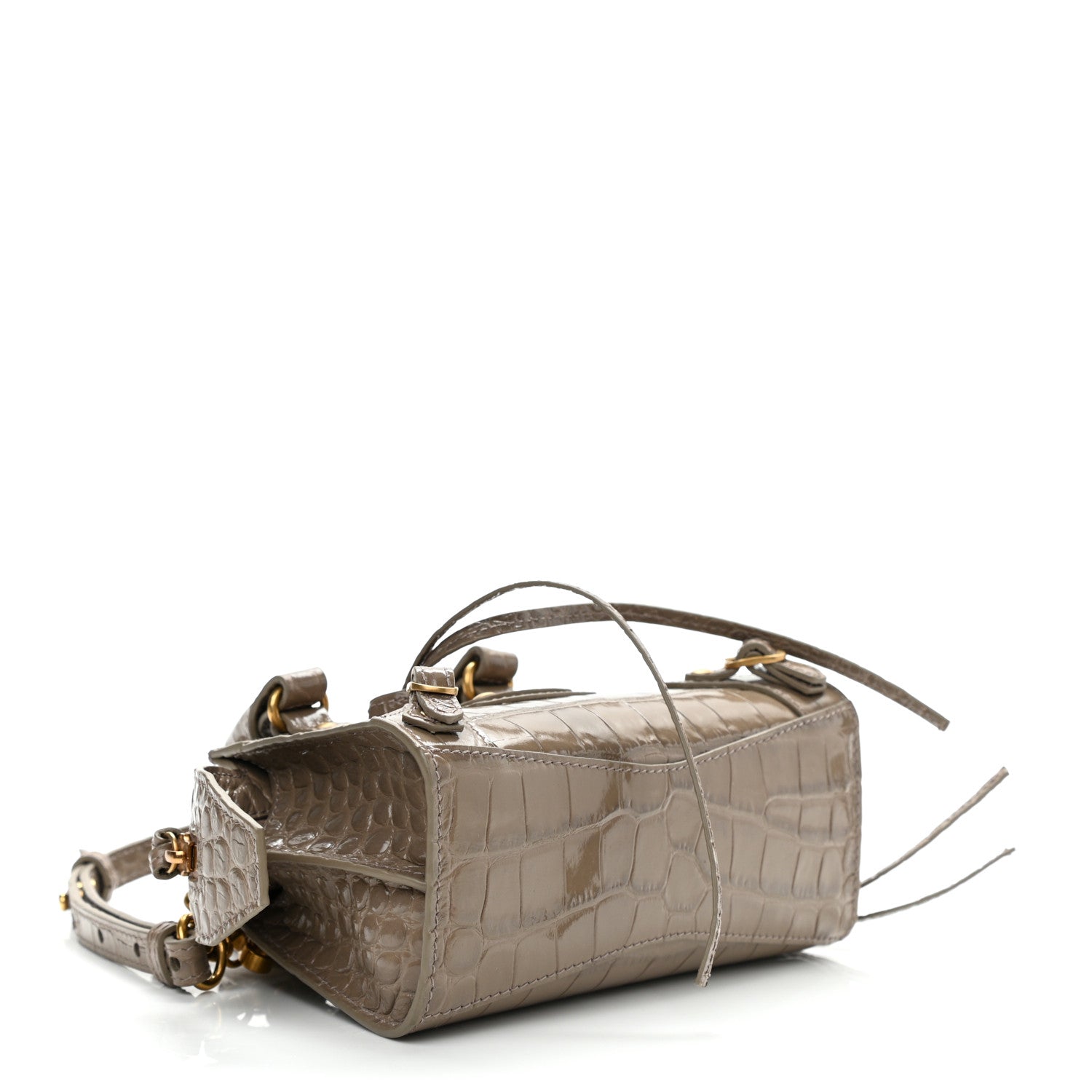 Balenciaga Shiny Supple Calfskin Crocodile Embossed Neo Classic Gold Hardware Nano City Crossbody Mink Grey 4 of 9