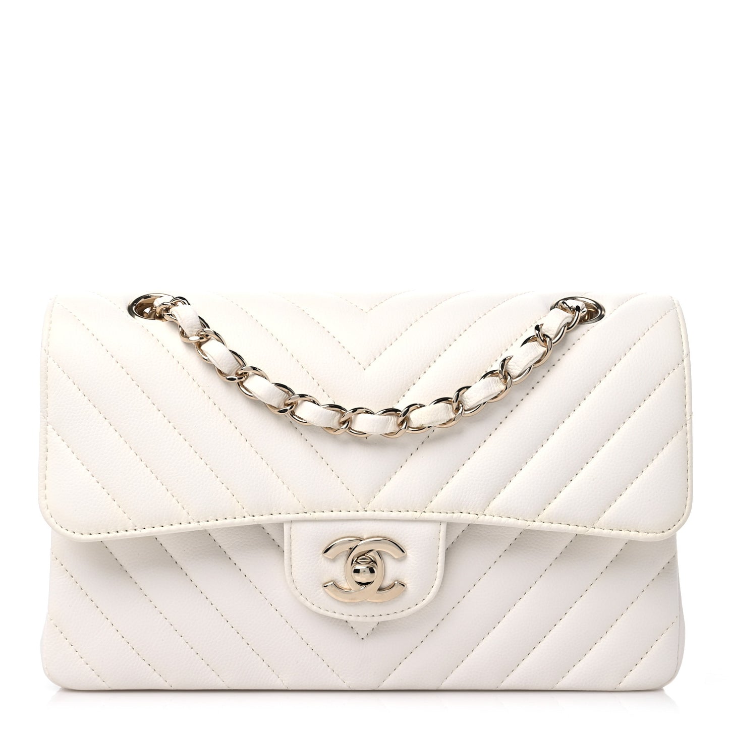 Caviar Chevron Quilted Small Double Flap White