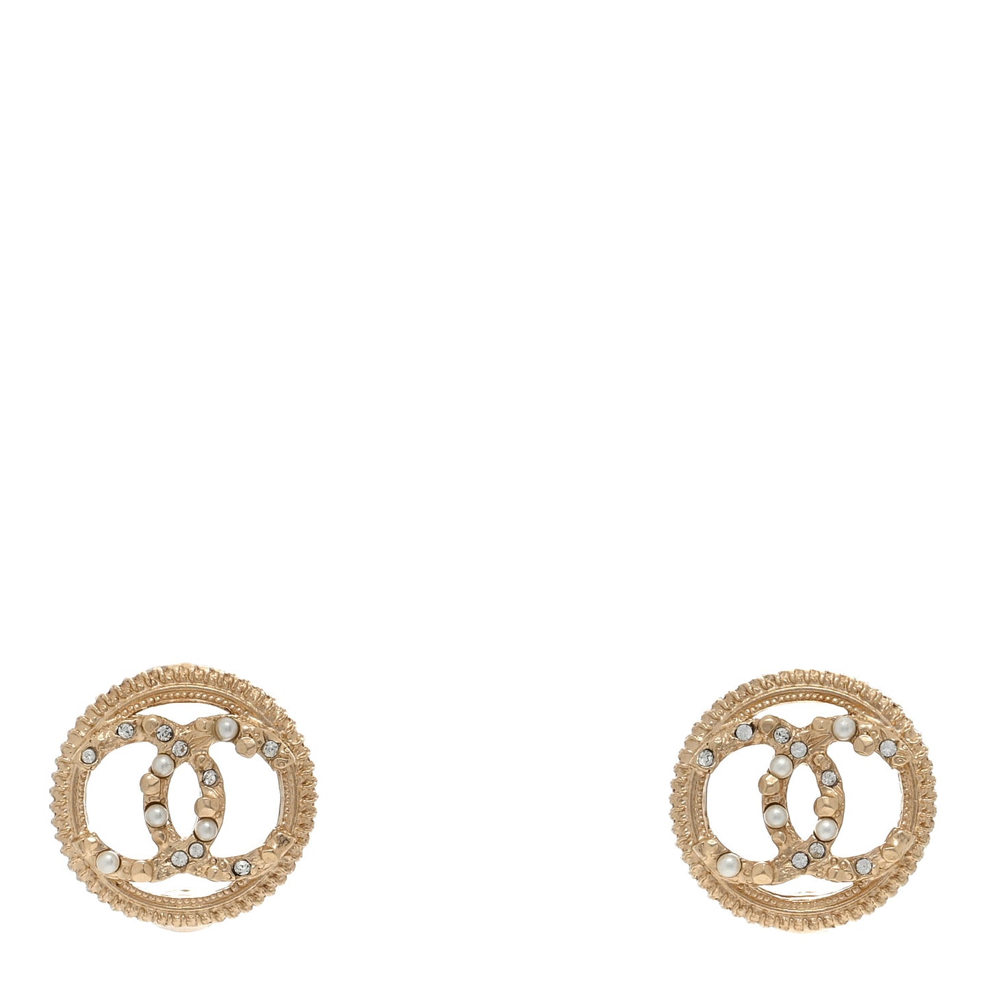 Pearl Crystal CC Round Earrings Gold