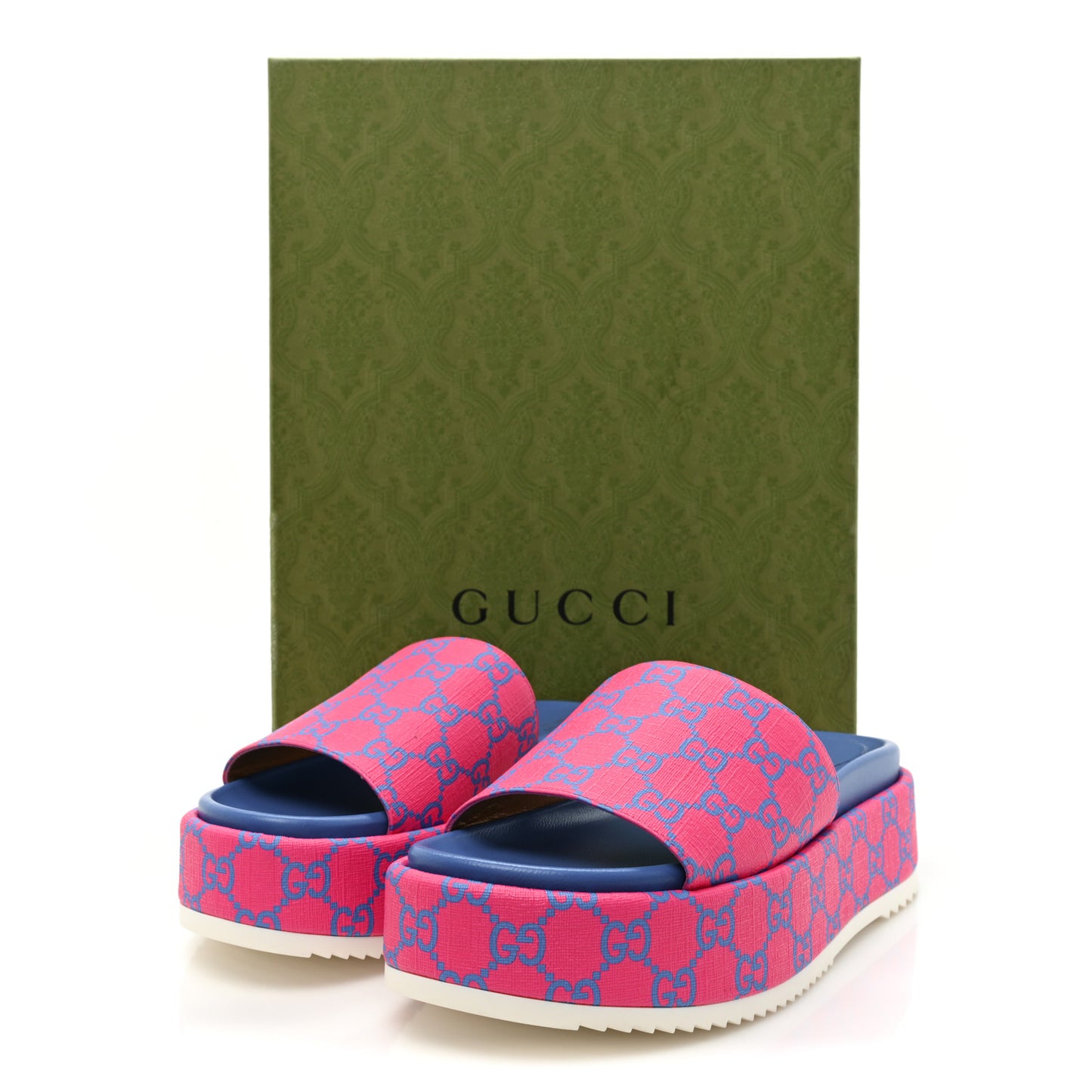 GG Supreme Joy Monogram Angelina Platform Slide Sandals 38.5 Fuxia Blue