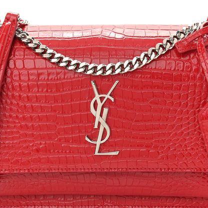 Saint Laurent Calfskin Crocodile Embossed Medium Monogram Sunset Rouge Eros 6 of 9