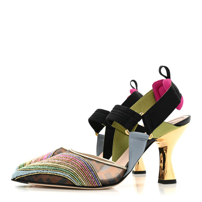 Fendi Technical Mesh FF Rainbow Beaded Colibri 85mm Slingback Pumps 38.5 Tobacco Black Multicolor 3 of 8