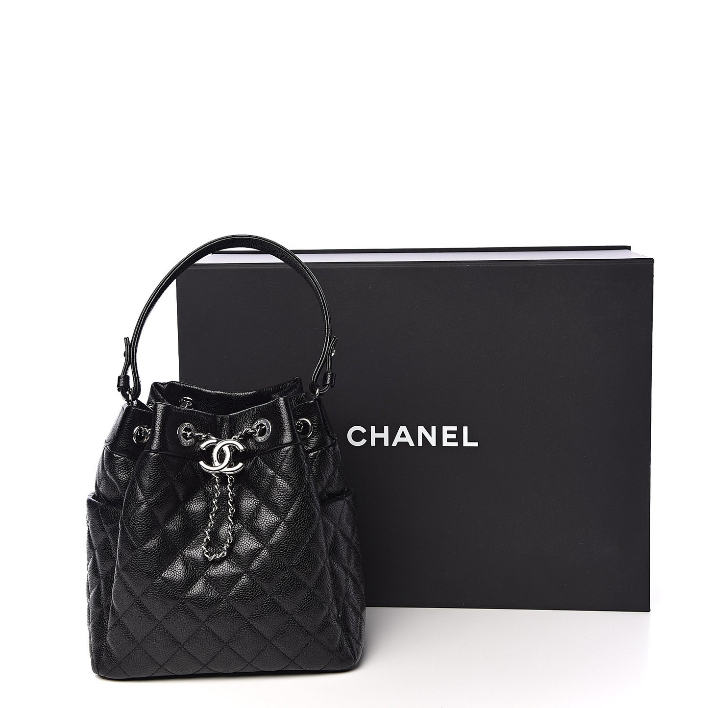 Caviar Quilted Small Chain Bucket Bag Black