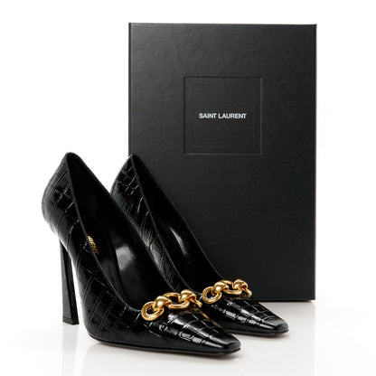 Saint Laurent Calfskin Crocodile Embossed Silvana 110mm Pumps 37 Black 10 of 10